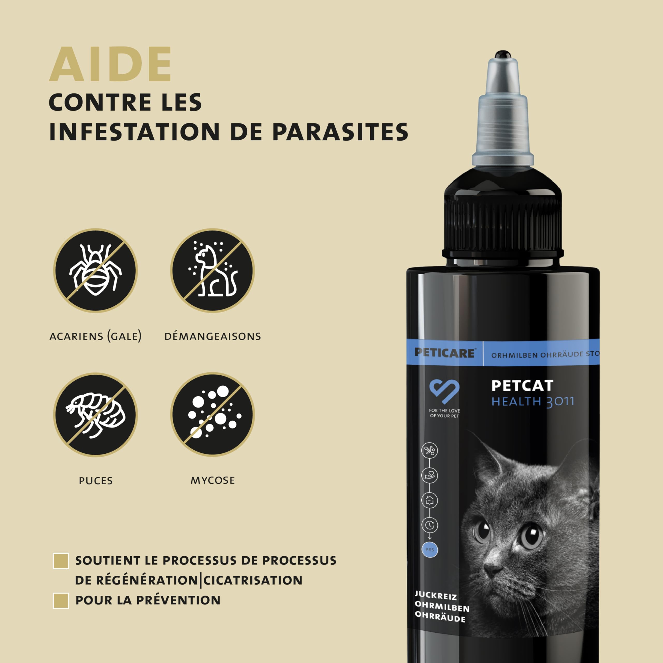 Peticare Chat Traitement Anti-Acariens des Oreilles - Nettoyant Auriculaire, Gouttes Efficaces Contre Parasites, Soulage Inflammation, Solution Démangeaisons de l'oreille - petCat Health 3011
