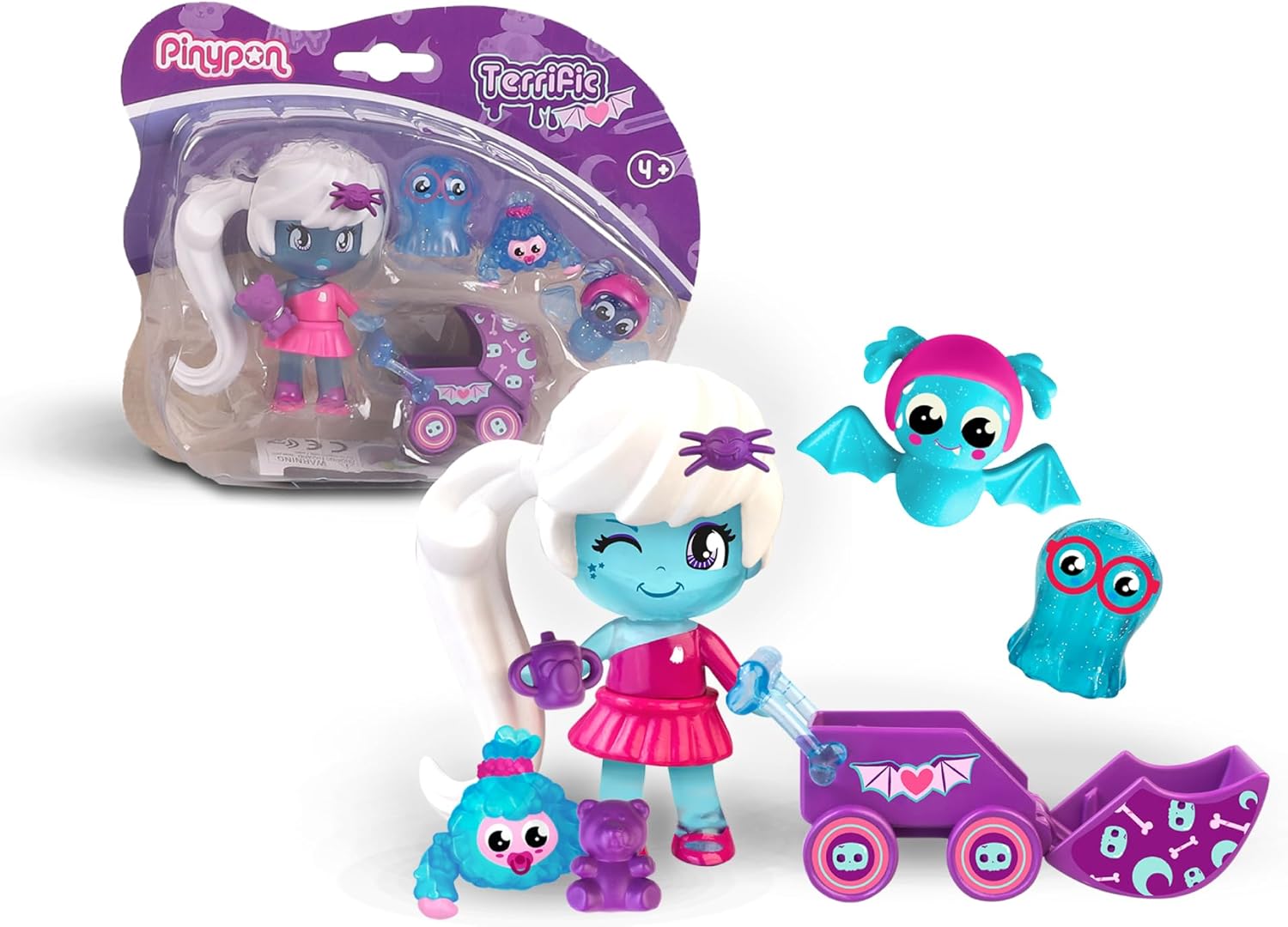 Pinypon Terrific PNY55000 My Monsters & Me Doll with 3 Pets and Glow in the Dark Stroller for Children and Children Ages 4 and Up