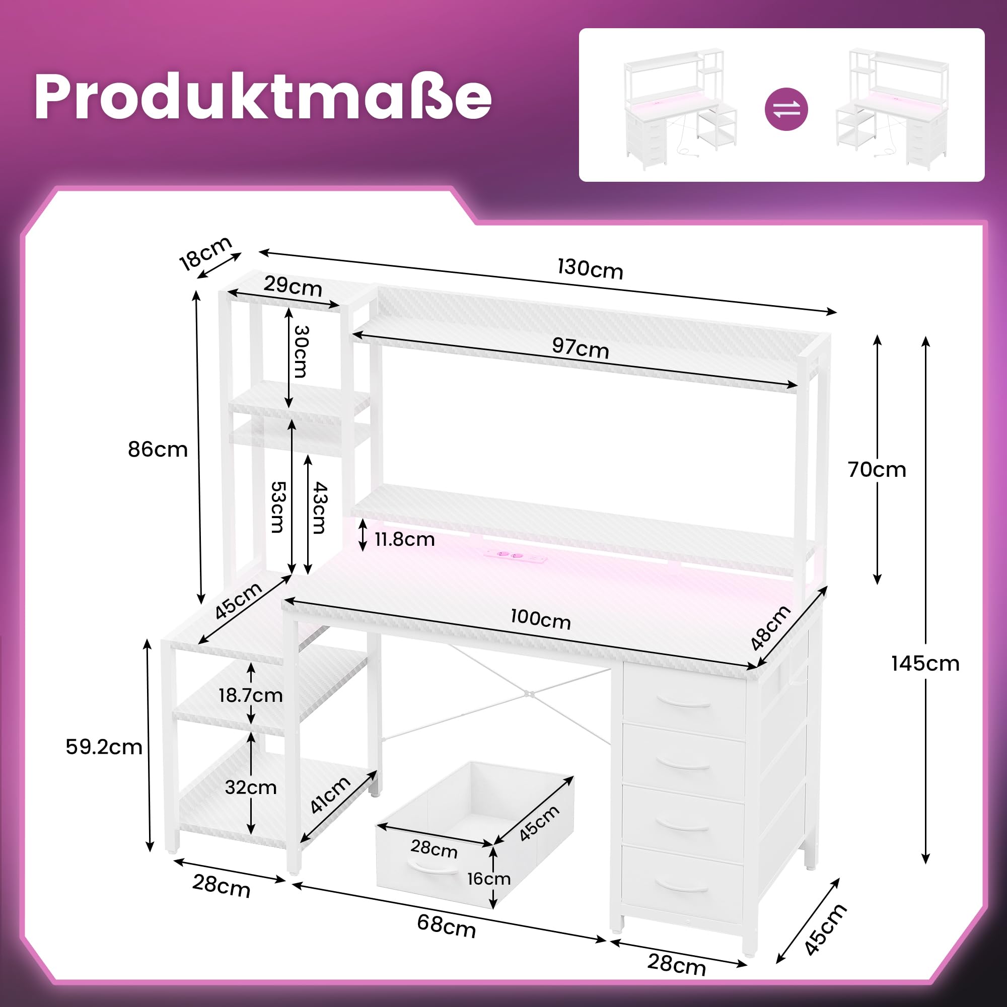 YOUDENOVA Biurko gamingowe z szufladami i regałem, 130 x 48 cm, stół gamingowy z diodami LED, gniazdkiem elektrycznym i USB, biurko komputerowe ze stojakiem na monitor, półką i uchwytem na słuchawki