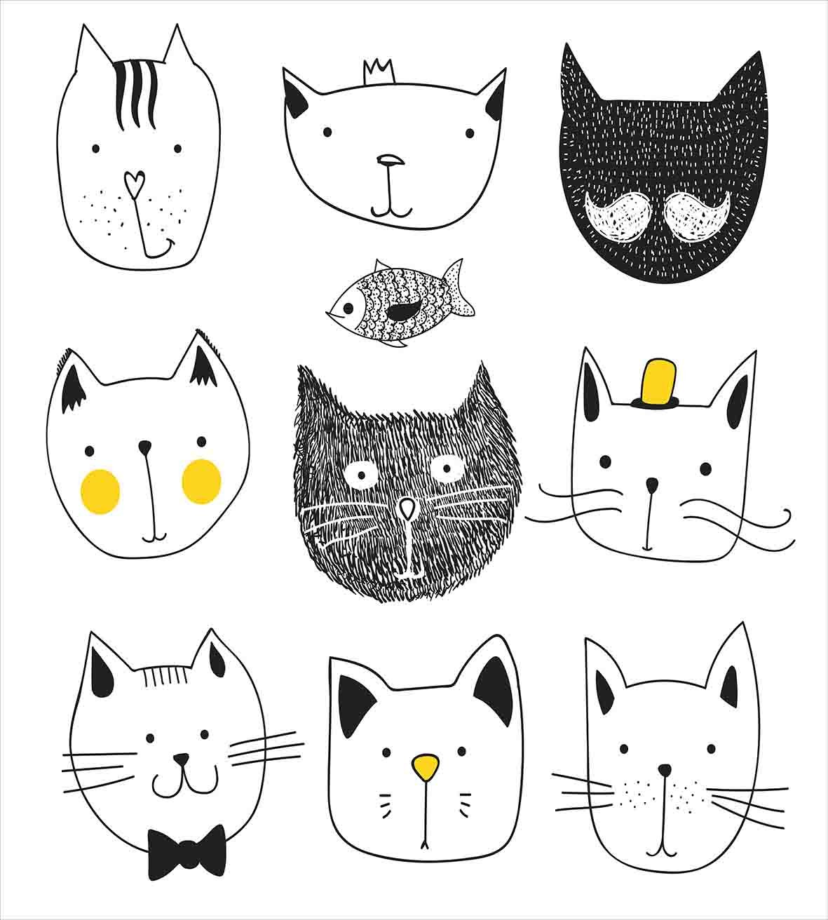 Ambesonne Cat Duvet Cover Set, Cats Moustache Bow Tie Hat Crown Fluffy and Fish Humor Faces Graphic, Decorative 3 Piece Bedding Set with 2 Pillow Shams, Queen Size, Yellow Blue