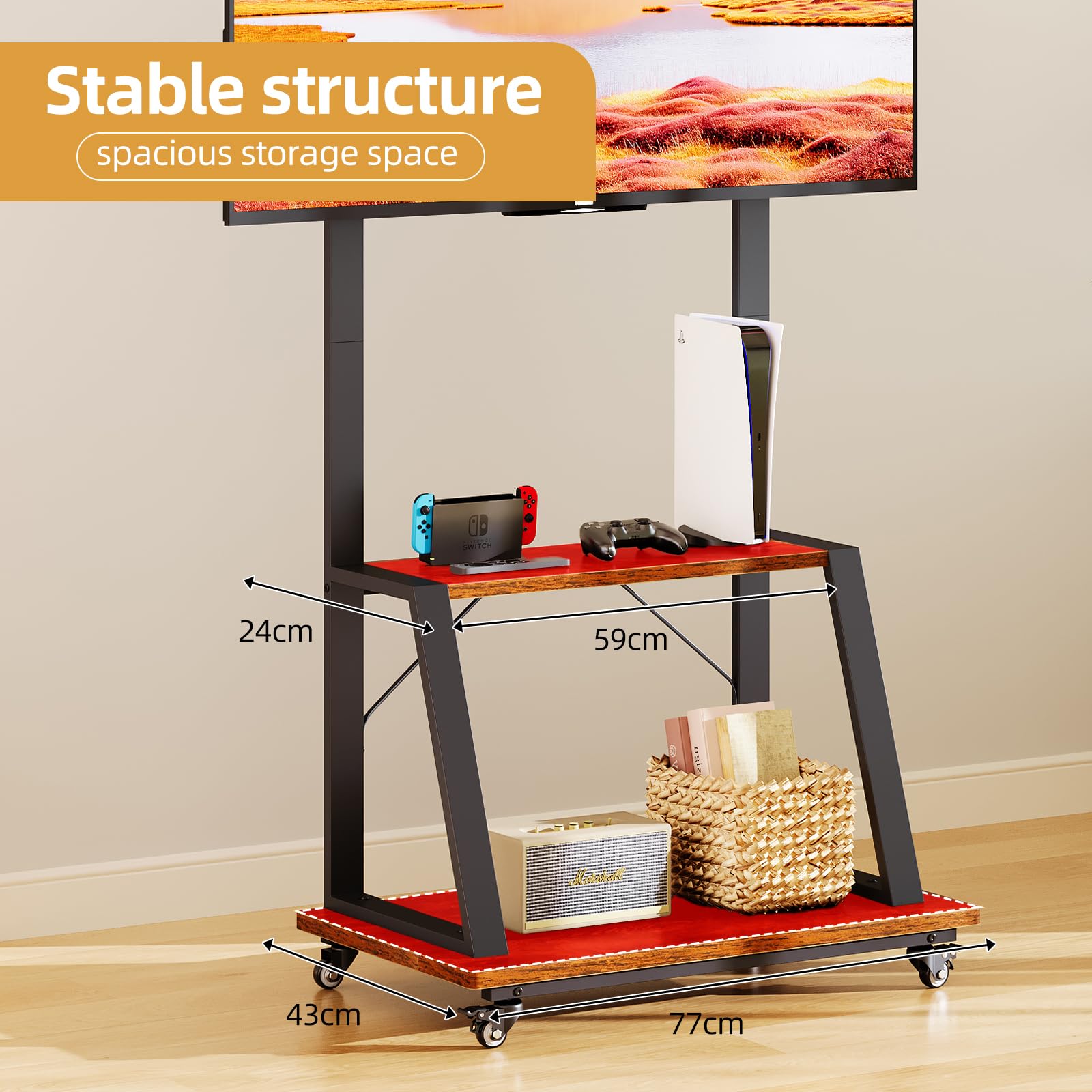 Dripex TV Ständer mit Rollen, höhenverstellbarer TV Rollwagen für 32-70 Zoll Fernseher bis 80 kg, mobiler TV Schrank mit 2 Ablagen für Wohnzimmer, Büro und Home Gym