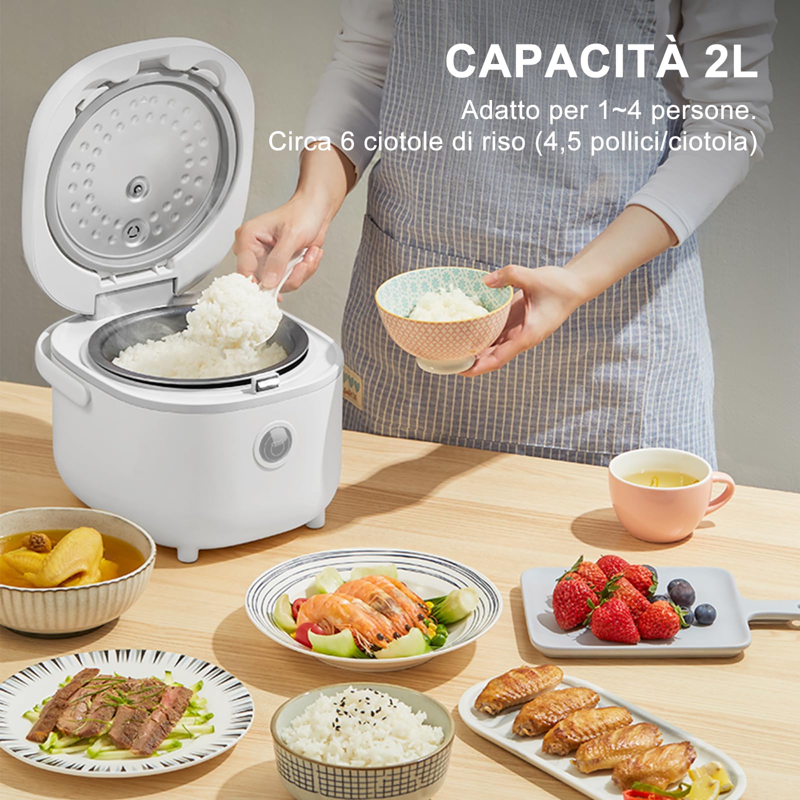 Bear Cuociriso 4 tazze (non cotte) con Vaporiera,Rice Cooker Mini Multifunzionale da 350W, 6 Funzioni di Cottura del Riso per 2-4 Persone,Bianco
