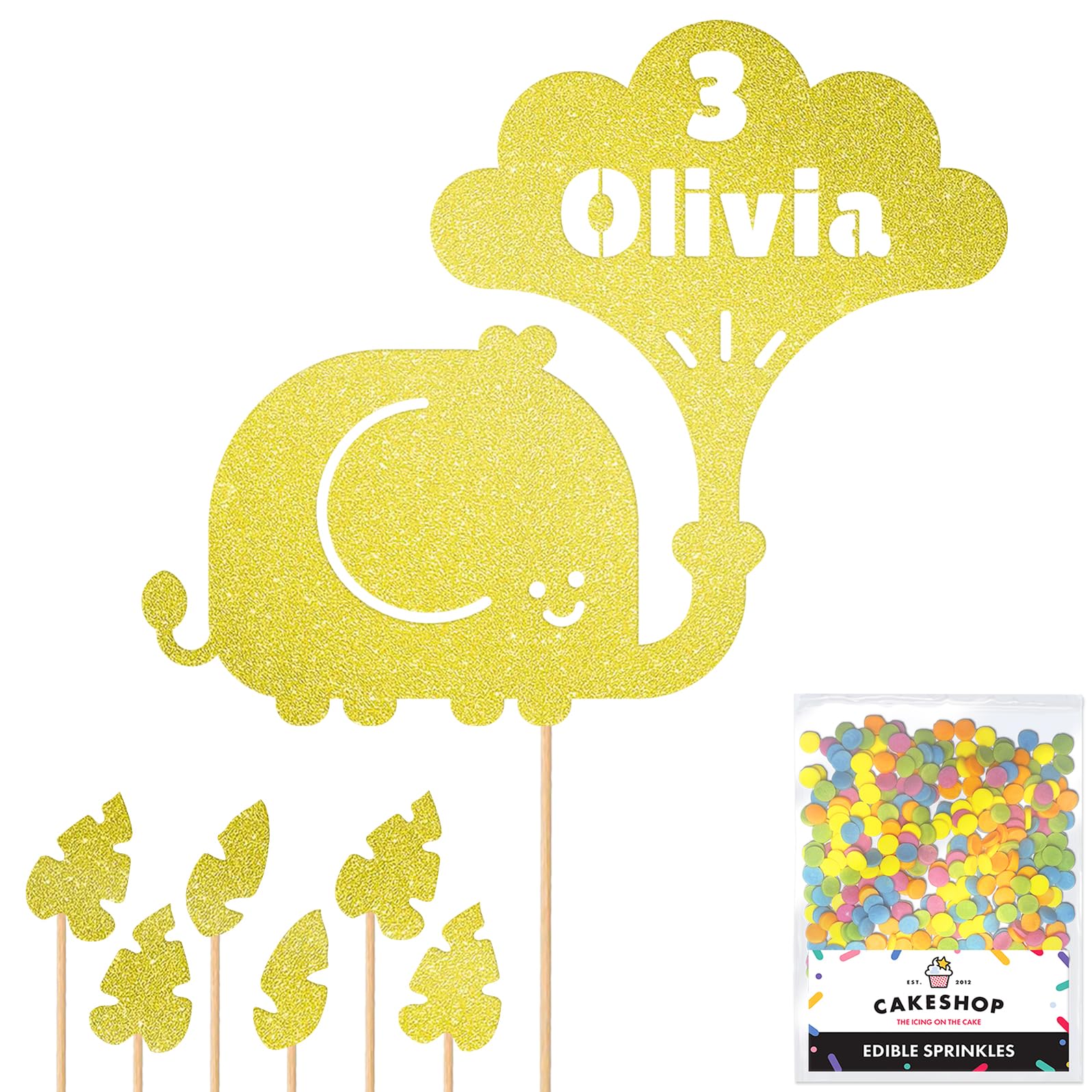 Personalised Jungle Elephant Glitter Cake Topper Champagne Any Custom Age & Name Glitter Cake Decoration and Sprinkles - Happy Birthday Decorations - Personalised Toppers for Cakes by Cakeshop โ image 1