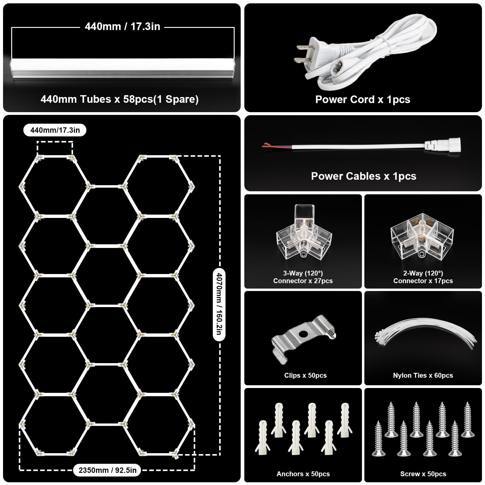 LED Hexagon Beleuchtung-57pcs Röhrenleuchten, 456W 4.1m x2.4m,Superhell verknüpfbare LED-Deckenleuchten für Garage, Werkstatt, Fitnessstudio, Keller, Auto-Schönheitssalon, Autopflegegeschäft”(14-HEX)