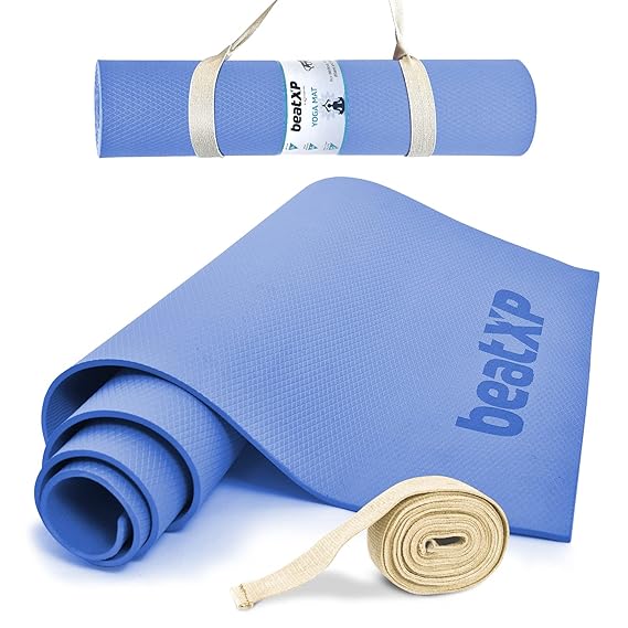 beatXP Blue Color (6mm) Yoga Mat with Carry Strap | Textured Surface | Extra Thick | High Resilience Exercise Mat for Meditation|Pilates| Stretching|Floor & Gym Fitness Workouts Ideal for Men & Women, Ethylene Vinyl Acetate