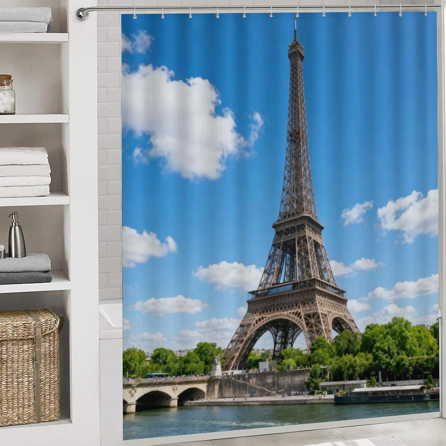 4 Piece Bathroom Rug Set with Shower Curtain, Non-Slip Bath Mat Toilet Cover Set, Eiffel Tower Bathroom Rug Sets