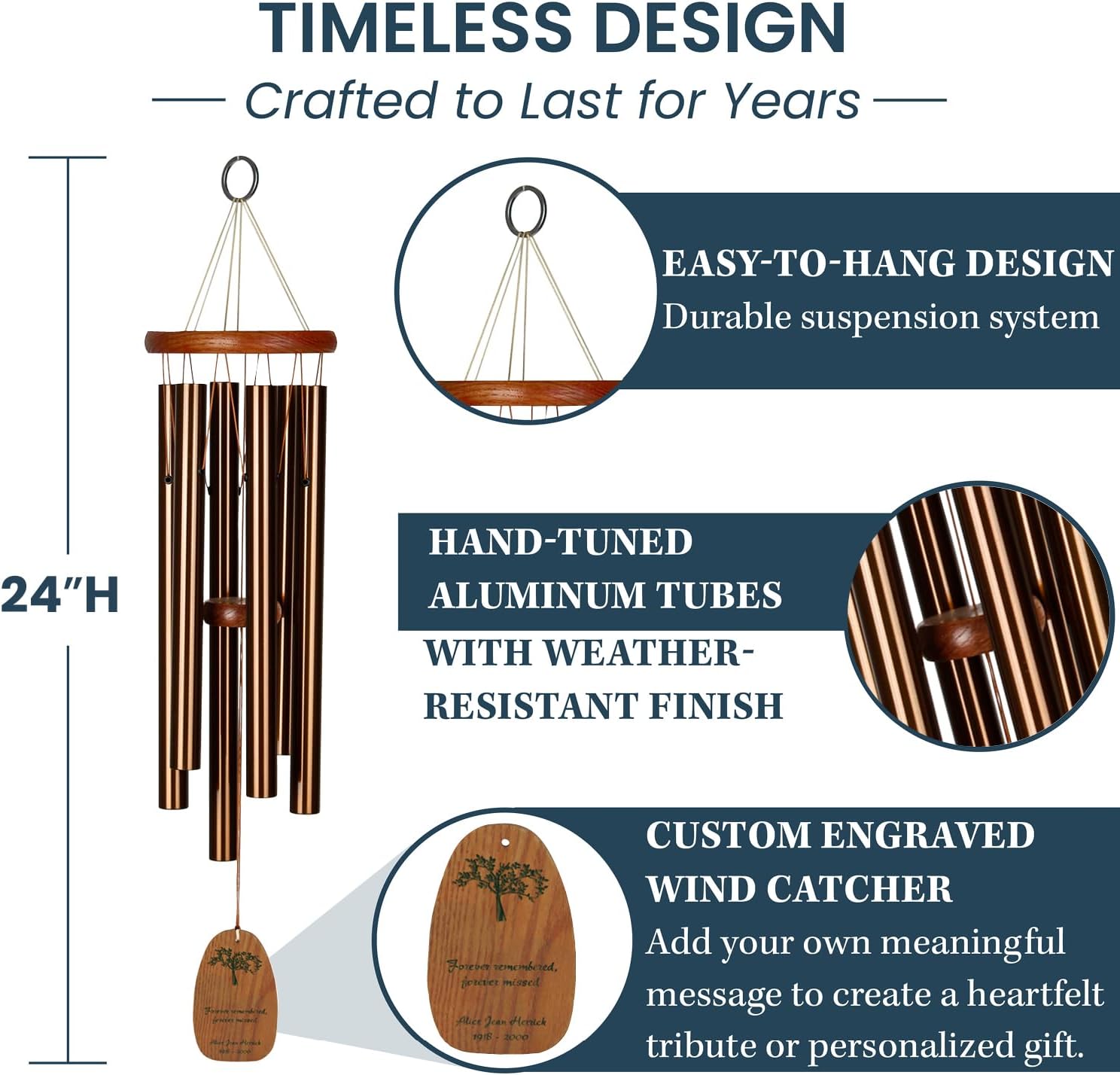 Woodstock Wind Chimes Personalized Amazing Grace Memorial Chime for Outside 24'' Medium Bronze Sympathy Customized Forever Inspirational Wind Chime for Outdoor Patio Home Garden Decor (P-AGMBR01)