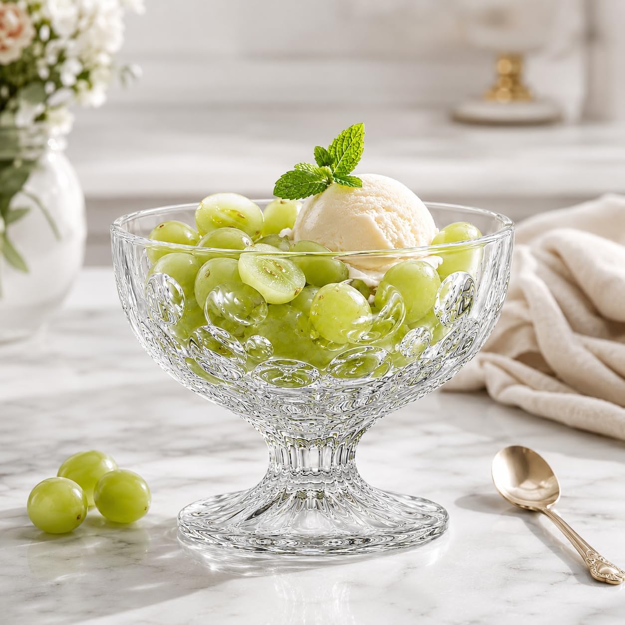 8 oz Glass Dessert Cups Set of 4, Vintage Footed Ice Cream Bowls with 4 Unique Patterns, Clear Parfait & Pudding Dishes