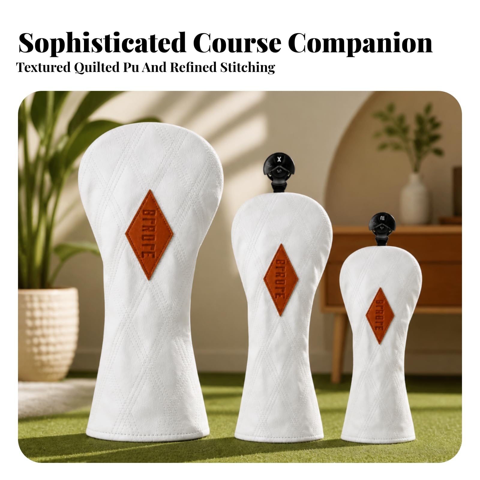 wasserdicht Golfschlägerhaube, Weiß-braune Rautenstickerei, PU, 3er-Set Für Driver, Fairwayholz Und Hybridholz-UT, 3-Teilig