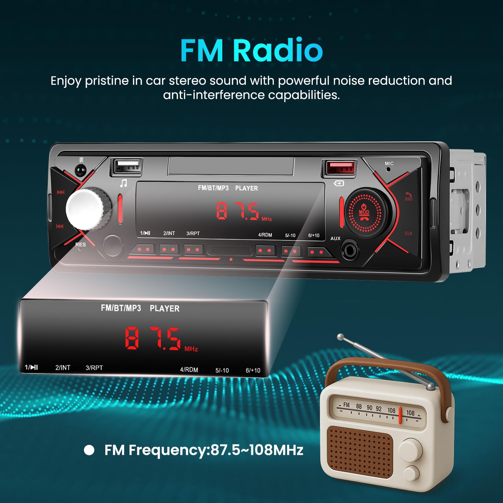 1 Din Autoradio mit Bluetooth Verbindung, Radio 1 DIN mit FM, USB/SD/AUX-IN, Fernbedienung, LCD-Anzeige und Schnellladung