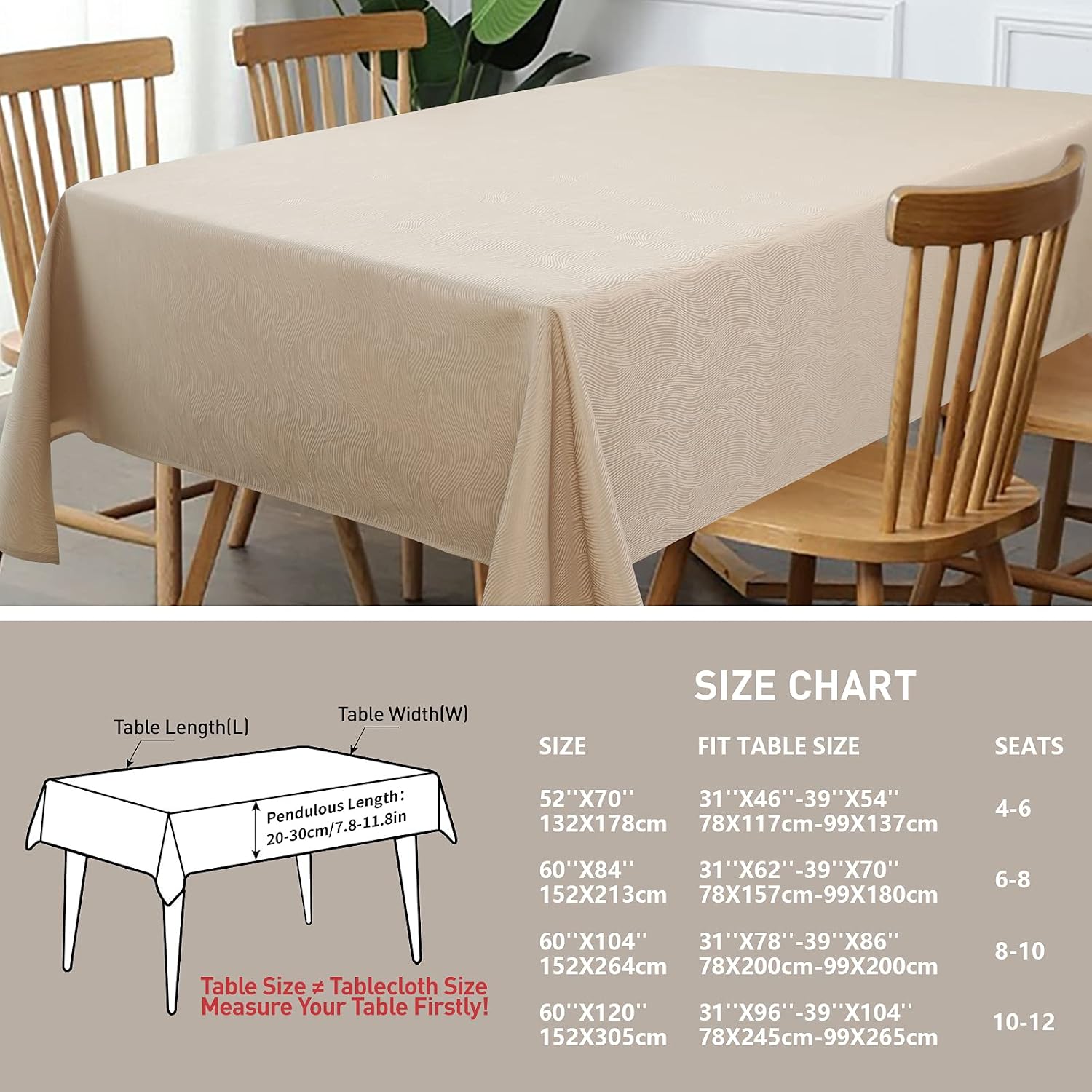 Vonabem Swirl Pattern Table Cloth, Rectangle Tablecloth with Waterproof Wrinkle Free Oil Resistant Fabric, Washable 200GSM Polyester Table Cover for Dining, Party, Buffet, Wedding (52x70 inch, Beige)