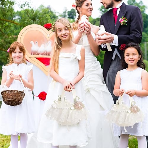 Miniatura 2 de Fofetbfo Cesta de flores de boda, cesta de flores de encaje blanco con flor de rosa de seda y perla, elegante cesta de flores de satén para