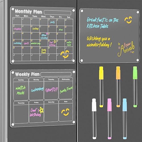 DIYMAG Paquete de 3 blocs de planificación de acrílico magnético calendario de borrado en seco para refrigerador, juego de calendario transparente
