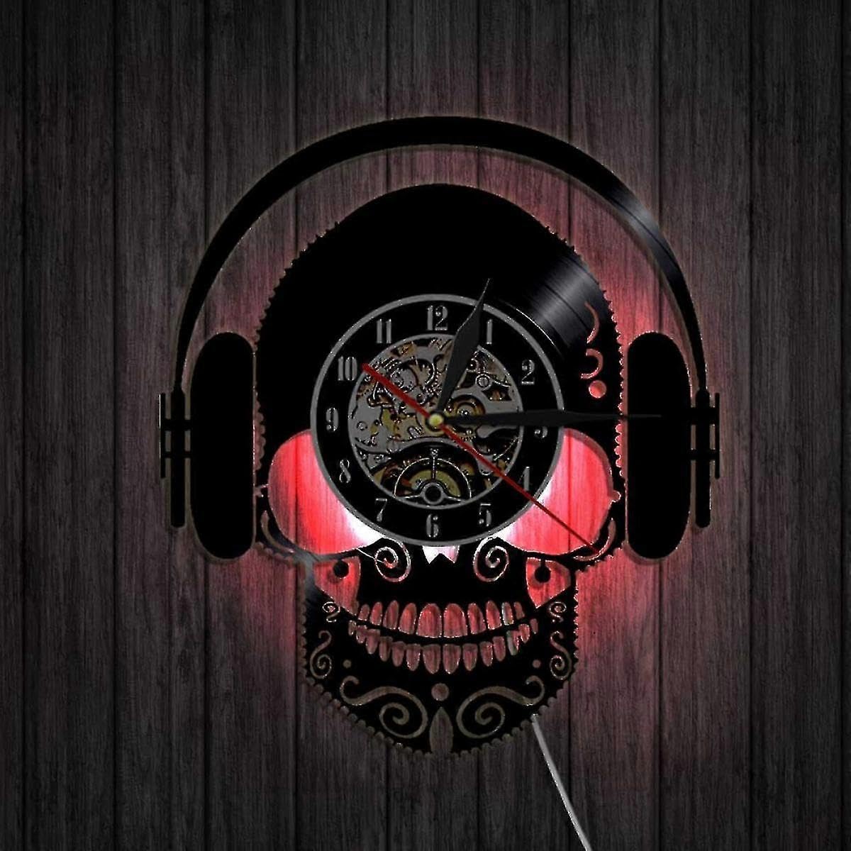 Horloge murale en vinyle rock tête de mort à LED lumineuse pour salon