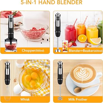 Immersion Blender 5 in 1 Hand Blender, 800W Hand Mixer Stick 12 Speed & Turbo Mode Hand Mixer with 600ml Mixing Beaker, 500ml Chopper, Milk Frother Attachments for Soup, Smoothies, Sauce, BPA Free