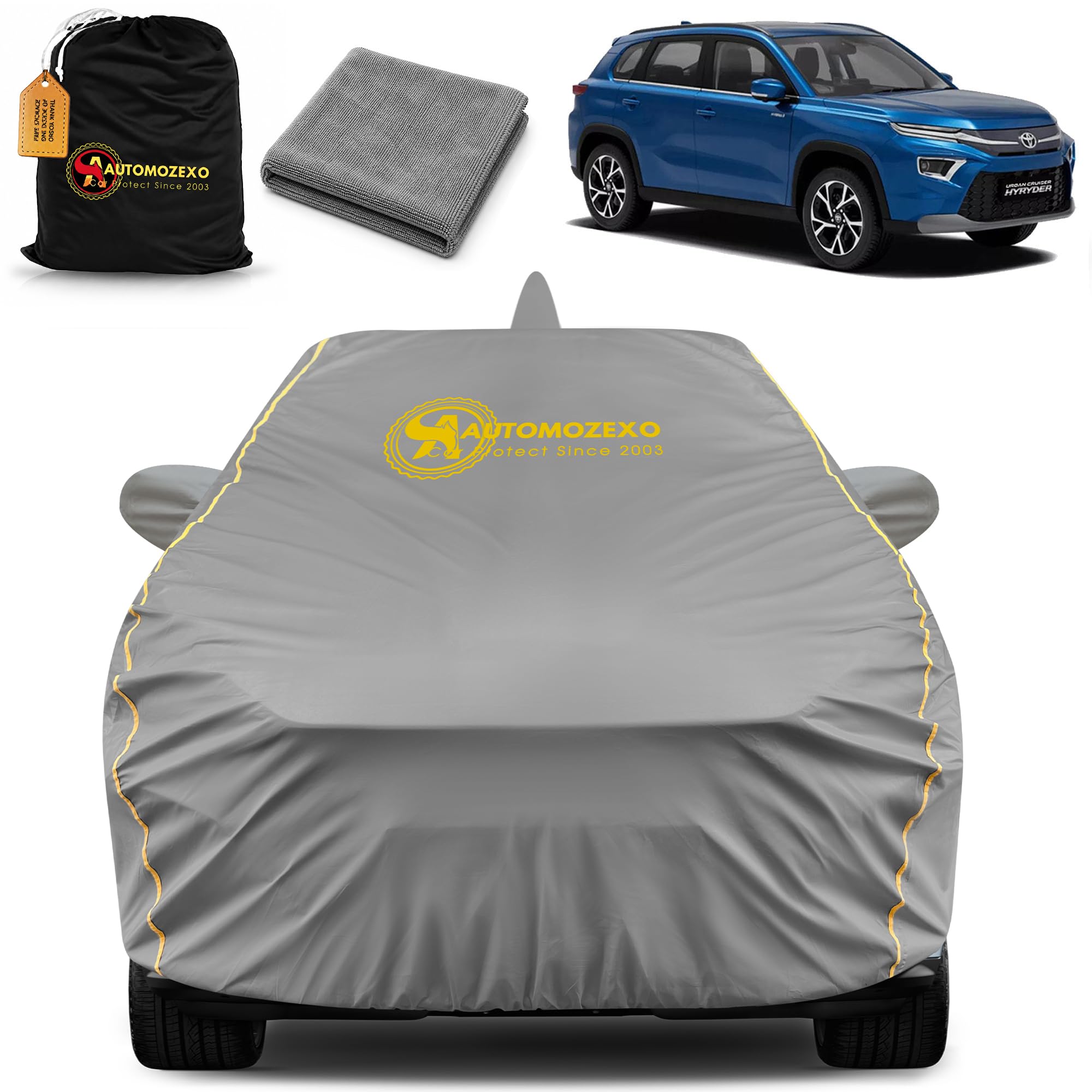 AUTOMOZEXO Toyota Hyryder Car Cover for All Weather Protection with Mirror & Antena Pocket Inner Cotton Layer Triple Stitched Waterproof Cover with Adjustable Belt Bottom Elastic to Secure Fit (Grey)-picture-9