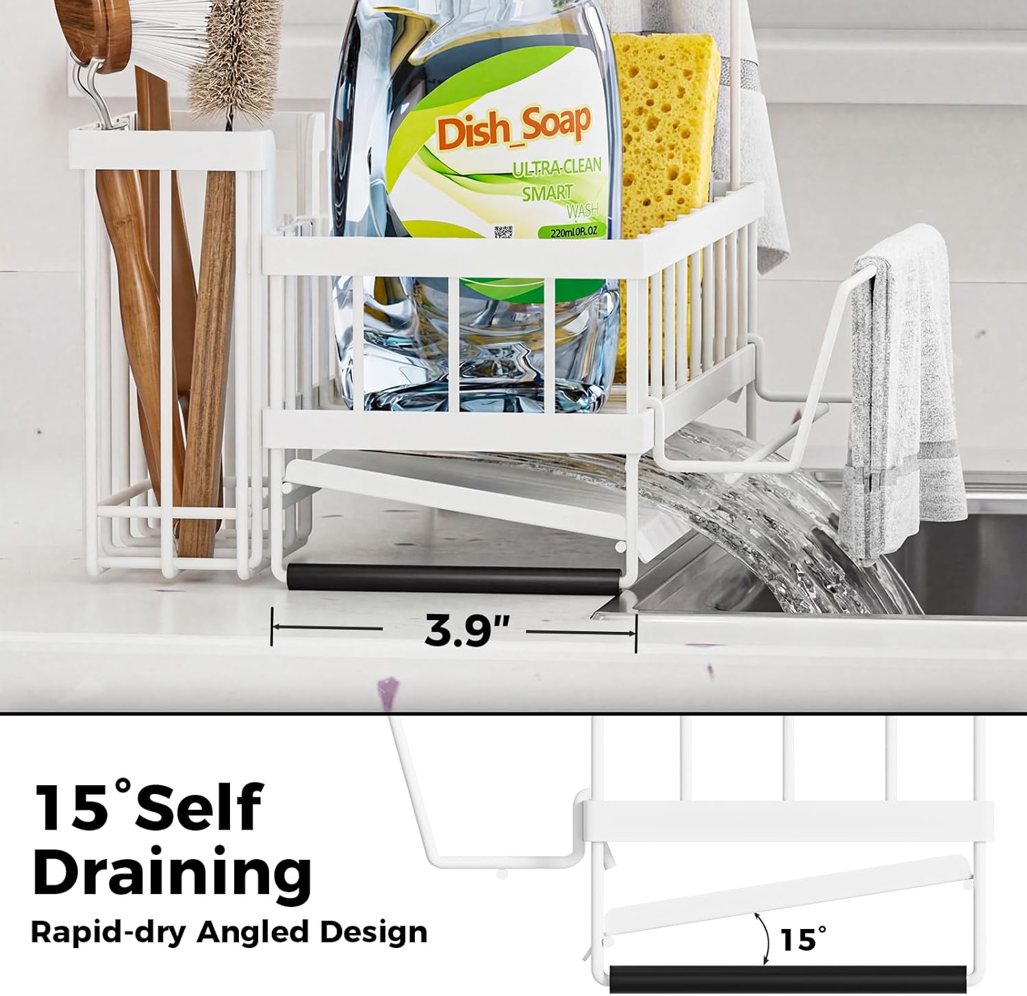 Sponge Holder for Kitchen Sink – Rustproof Stainless Steel with Detachable Drainboard, Brush Rack & Towel Bar | Compact, Non-Slip Design for Countertop Bathroom