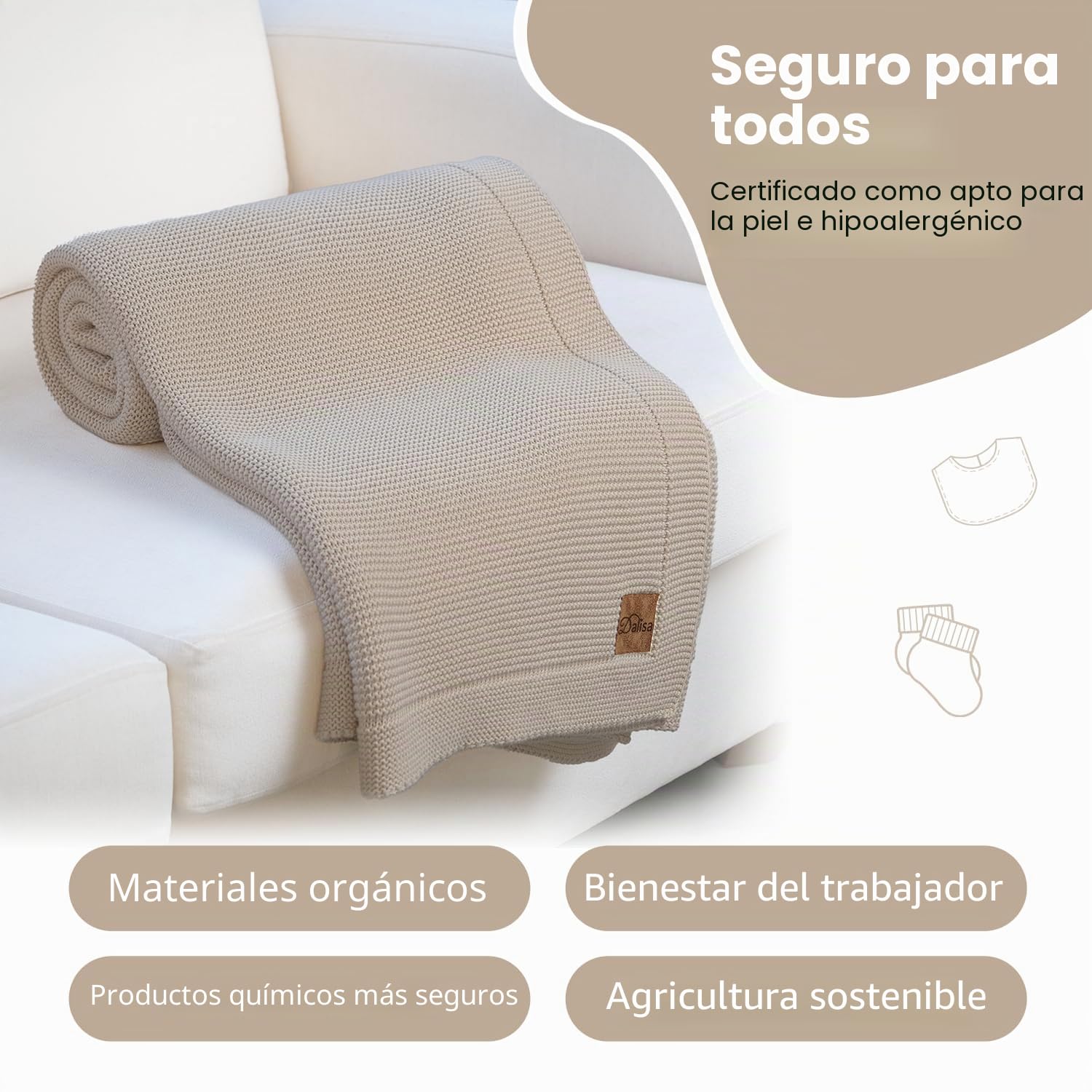 Dalisa Manta de punto 100% algodón, color beige natural, 130 x 150 cm, certificado GOTS, suave y acogedor, prelavado, lavable a máquina, en caja de regalo.