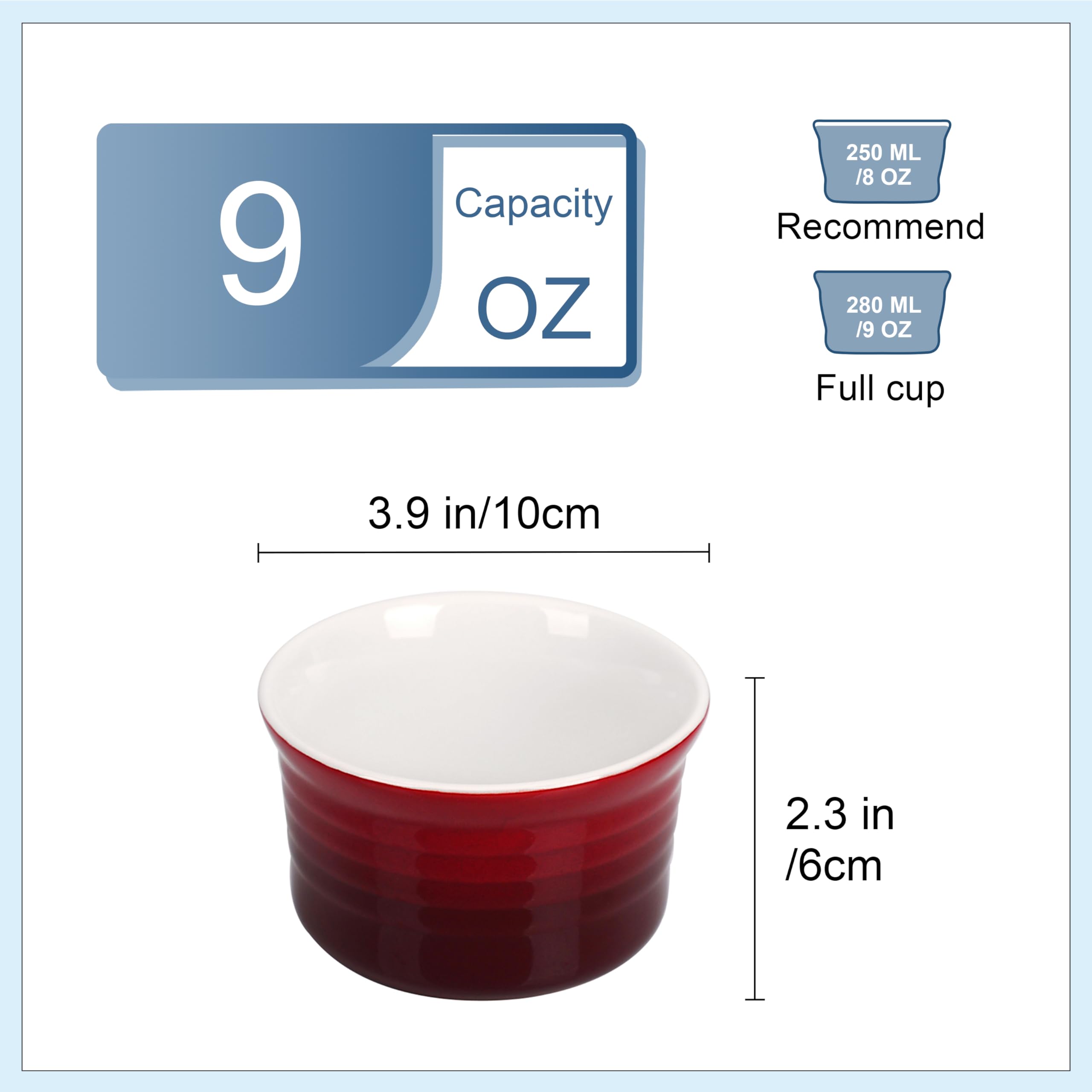 Lovecasa, 6 piezas x 280 CC Ramequin Dish de Cerámica, Ramequin Molde de Soplado Crema Quemada, Taza de Postre Tapas para Horno