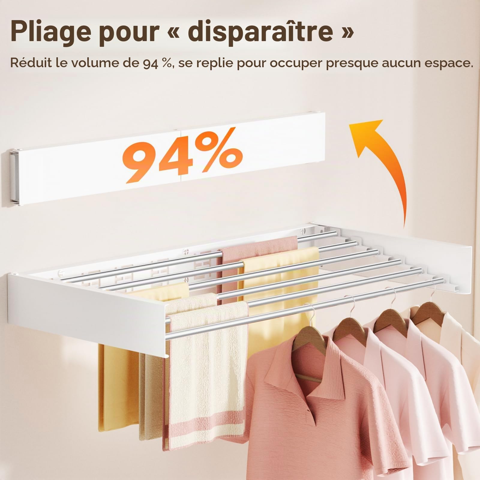 étendoir Mural Pliable pour vêtements, séchoir à Linge Rabattable Invisible, Gain de Place, rétractable pour Serviettes, avec gabarit de Fixation (6 Barres de séchage, Blanc 100 cm)