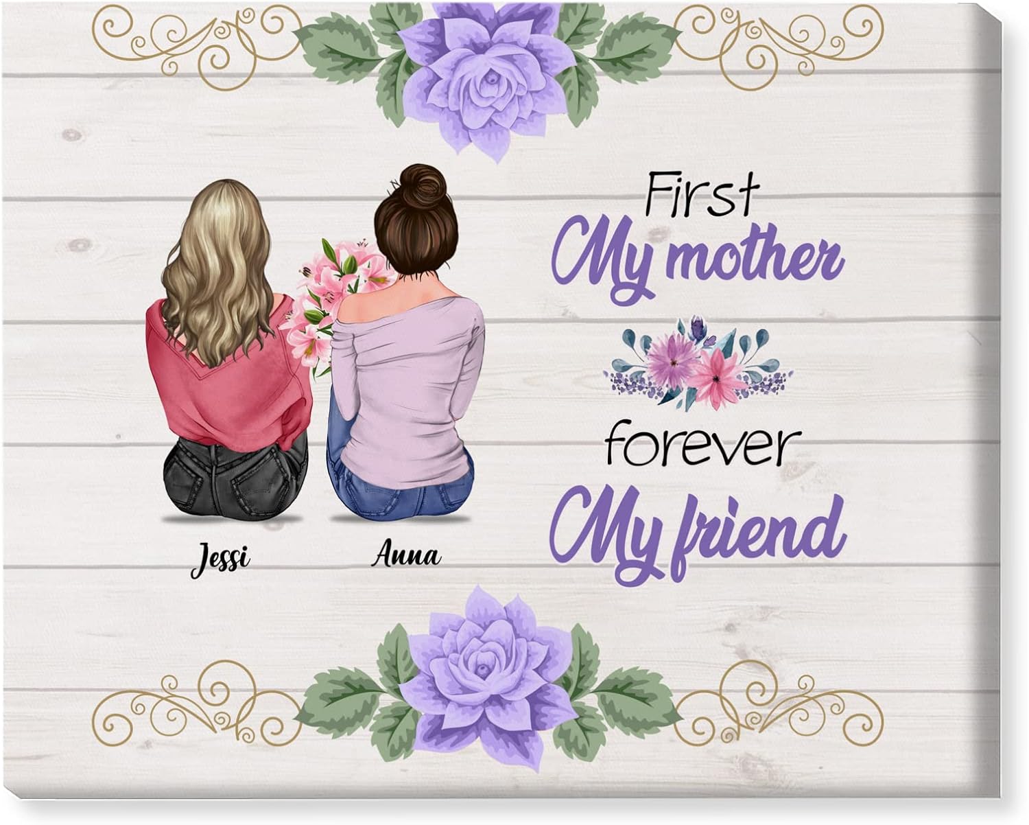 Gossby Personalized Mother Daughter Wrapped Canvas - First My Mother Forever My Friend - Custom Birthday, Mothers Day Mom Gift from Daughters with Avatars, Names - 1 Daughter