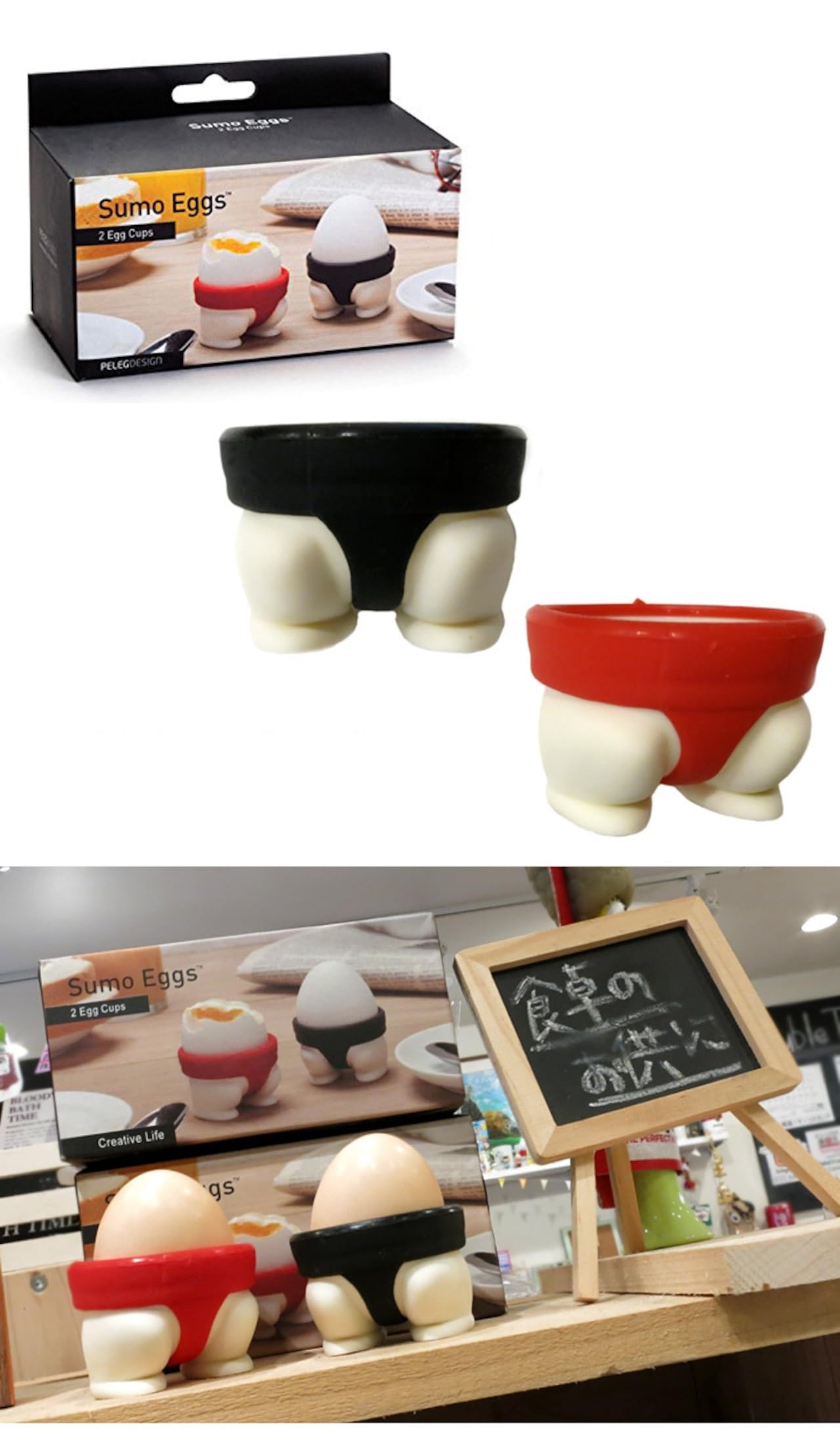 we3 Funny Design Sumo Egg Cup Set Red and Black 2-Piece for Hard or Soft Boiled Eggs 4