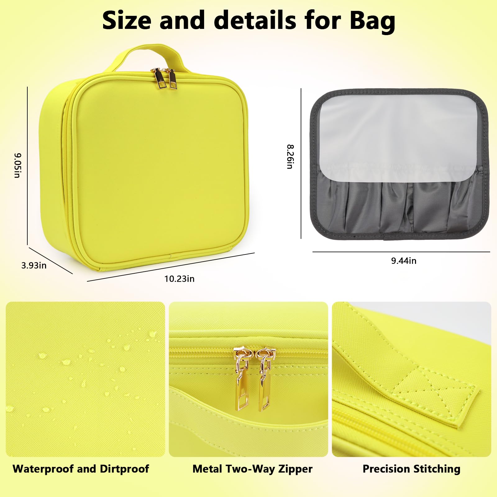 Beauty case con specchio a LED, organizer da viaggio con 3 impostazioni di illuminazione, divisori regolabili e contenitore per pennelli da trucco, 9 giallo