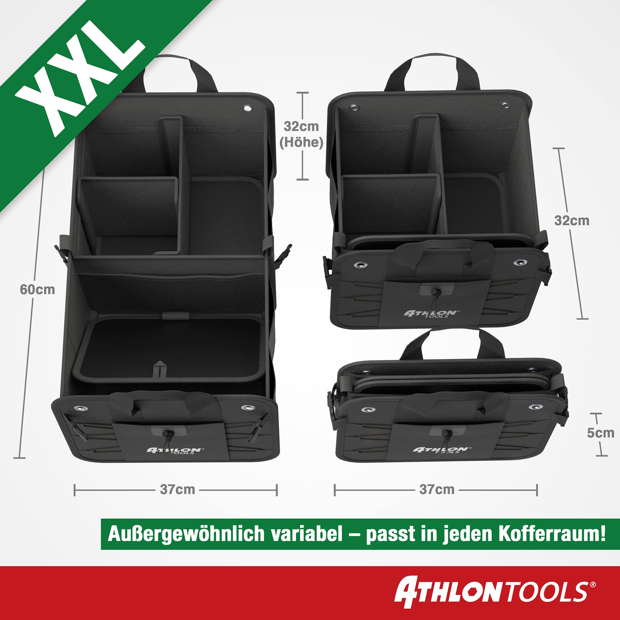 ATHLON TOOLS Premium Kofferraumtasche mit Deckel - 60 Liter XXL Auto Kofferraum Organizer - Extra stabile & wasserfeste Böden - lebensmittelecht - Antirutsch-Klett am Boden