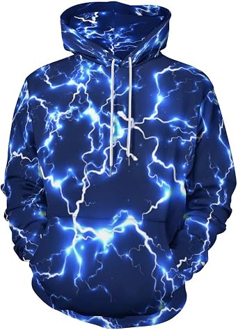 Cool Hoodies for Men Graphic, Blue Lightning Fleece Sweatshirt, Fashion Clothes Gifts Hooded Pullover Sweatshirt,2XL
