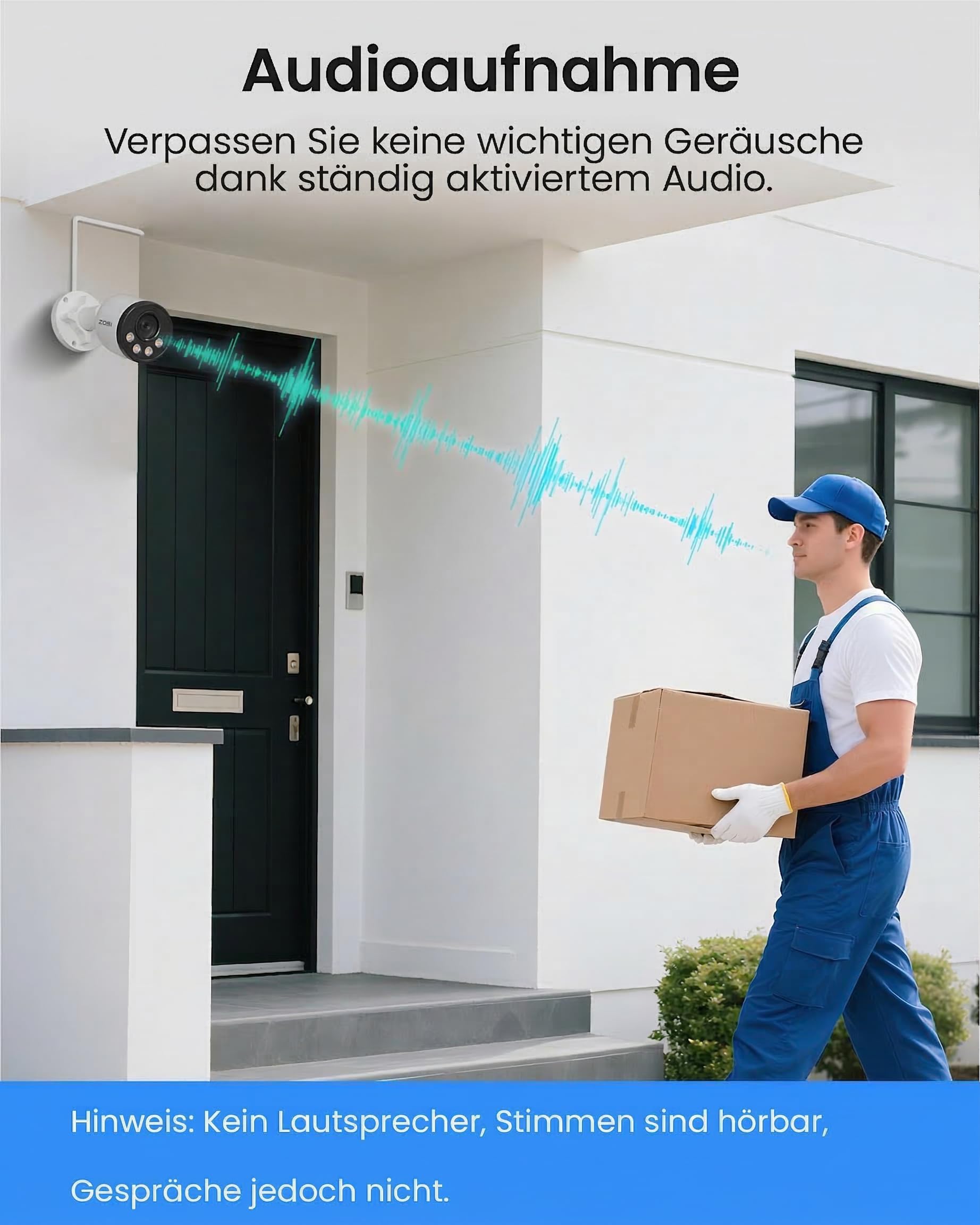ZOSI 4K PoE Überwachungskamera Set Aussen, 8CH 2TB NVR mit 4X 8MP IP Kameras, Personen- und Fahrzeugerkennung, Audioüberwachung, 30M IR Nachtsicht, 24/7-Aufnahme, C180