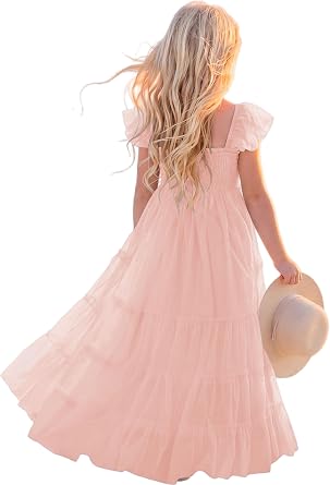 Flower Girls Dress for Wedding Boho Toddler Girls Ruffle Tulle Elegant with Sleeves Garden Party Beach Holiday