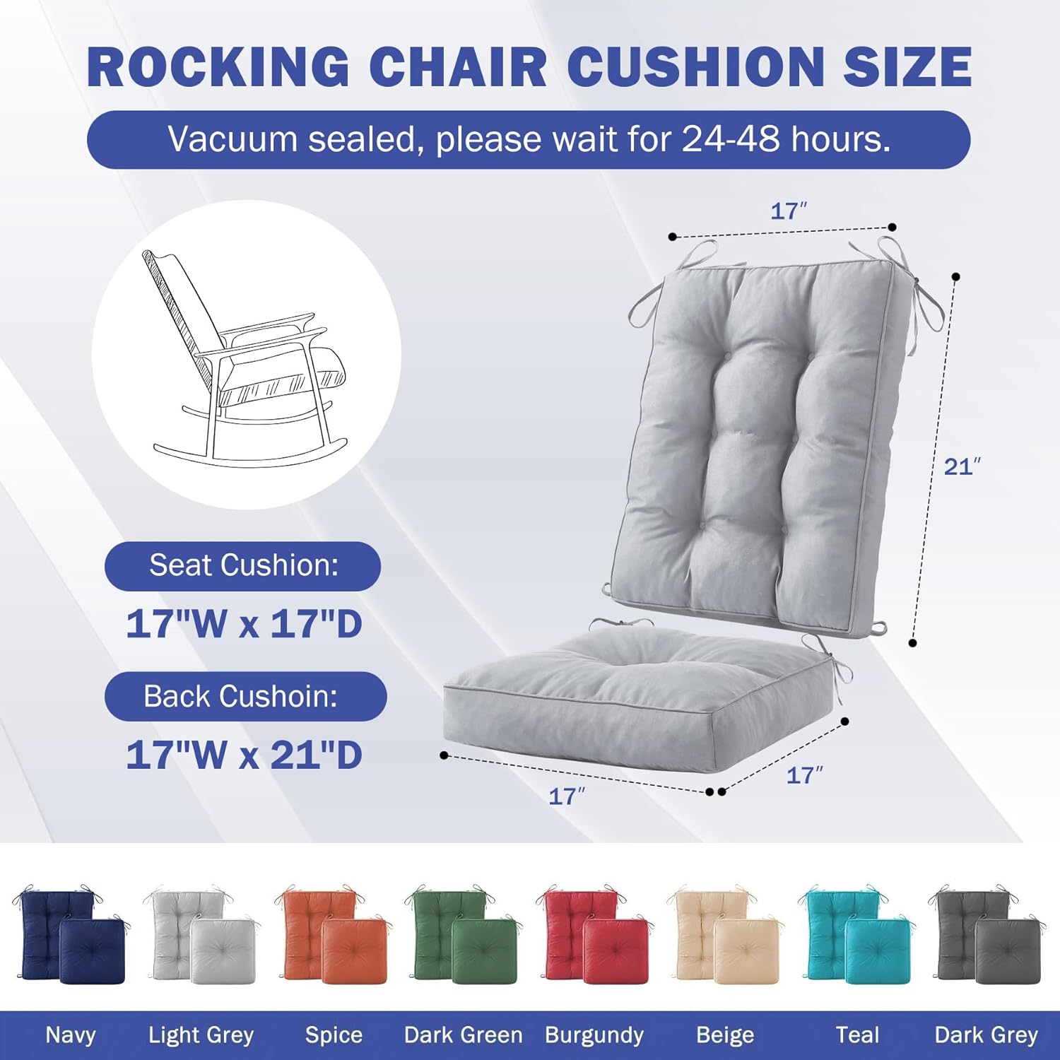 rocking chair cushion, waterproof and fade-resistant patio chair cushions, tufted chair pads for rocker furniture, 17x17 inch, indoor/outdoor seat cushions with ties, light grey light grey 17"x17"/21"x17"