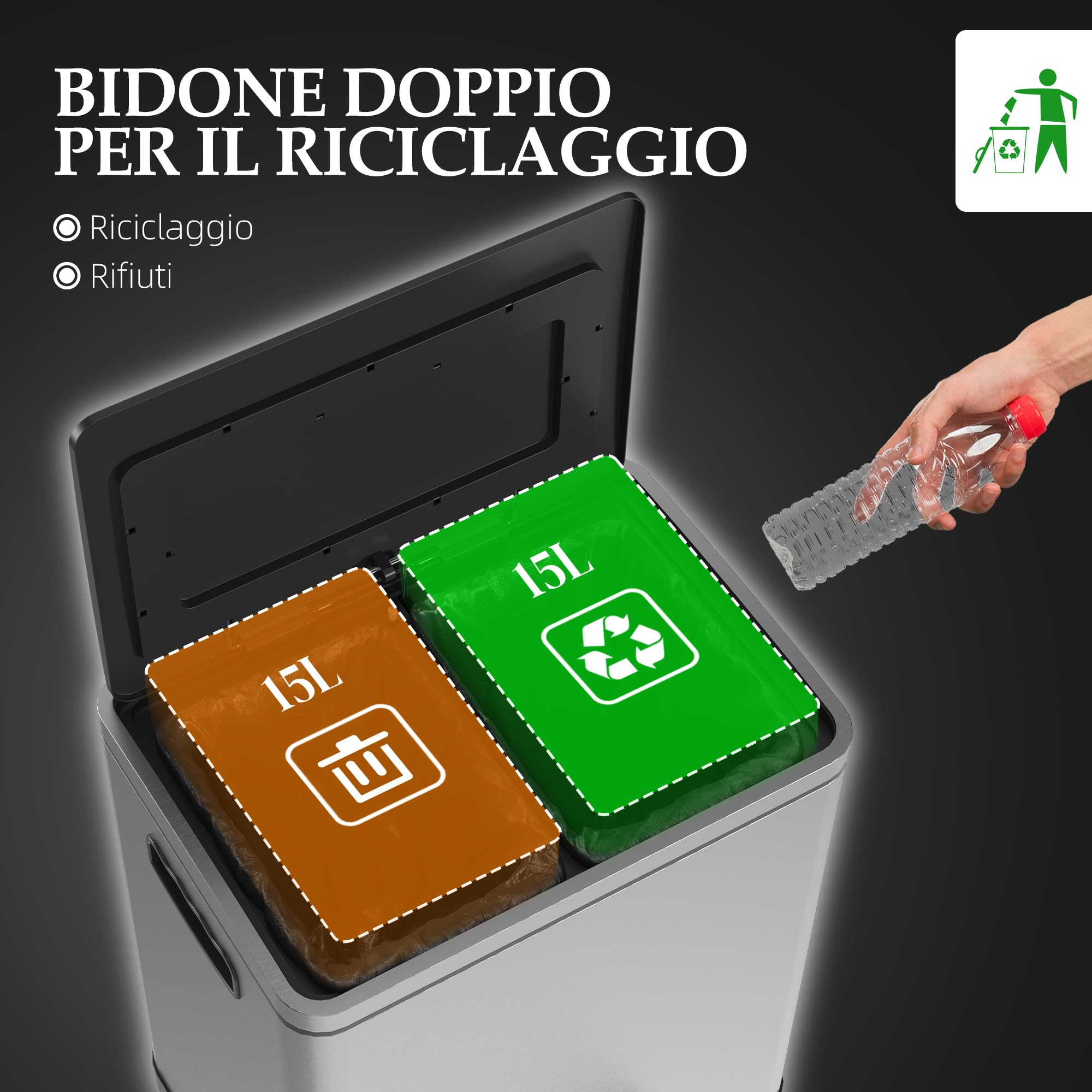 HOMCOM Bidone Spazzatura a 2 Sezioni 15L a Pedale 40x34.8x47.5 cm Argento | Coperchio a Chiusura Morbida, Cestino Immondizia, Acciaio Inox e PP