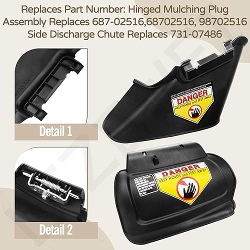 Miniatura 6 de 731-07486 Conducto de descarga lateral y 987-02516A Conjunto de enchufe de mulching con bisagras compatible con Troy-Bilt Columbia, Craftsman,