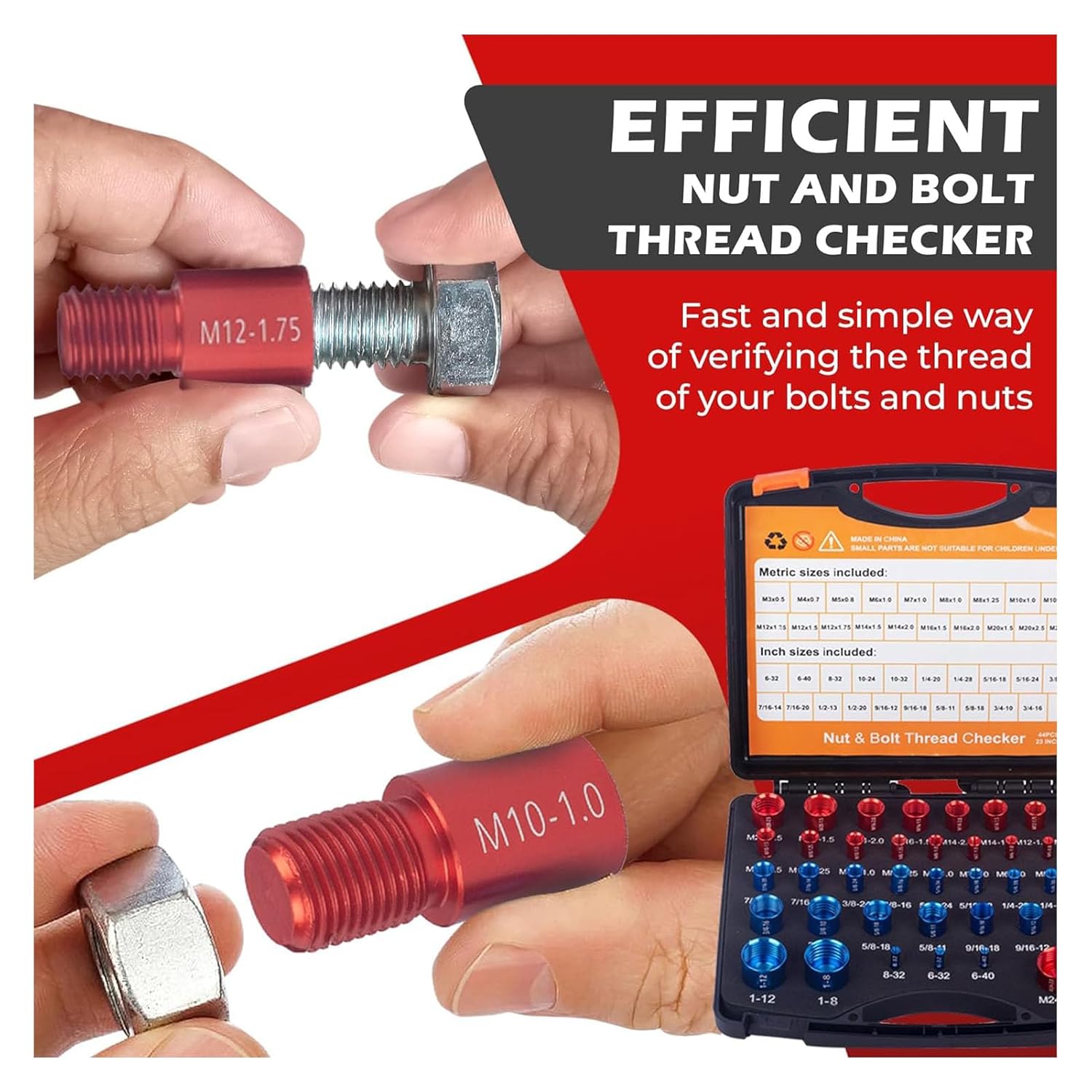 44pcs Nut and Bolt Thread Checker Nut and Bolt, Solid Carbon Steel Bolt and Nut Identifier Tool Box for Maintenance Repair, 44 Bolt Size Checker for Detecting Fix Bolt