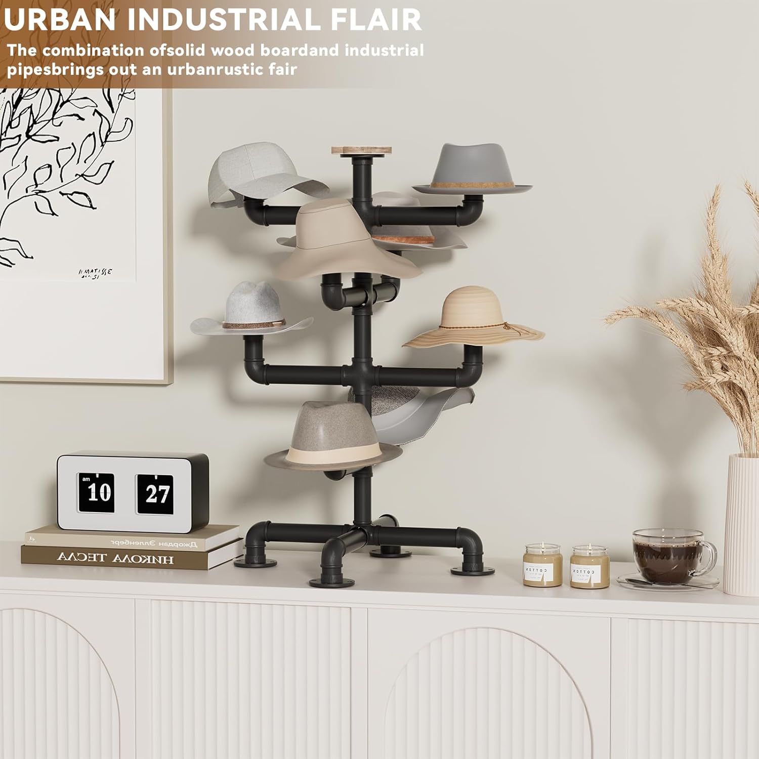 4-Tier Hat Racks Heavy Duty Metal Pipe Hat Display - 8 Rustic Solid Wood Hooks Free Standing Cap Organizer for Hats Wigs Headwear Tabletop Display
