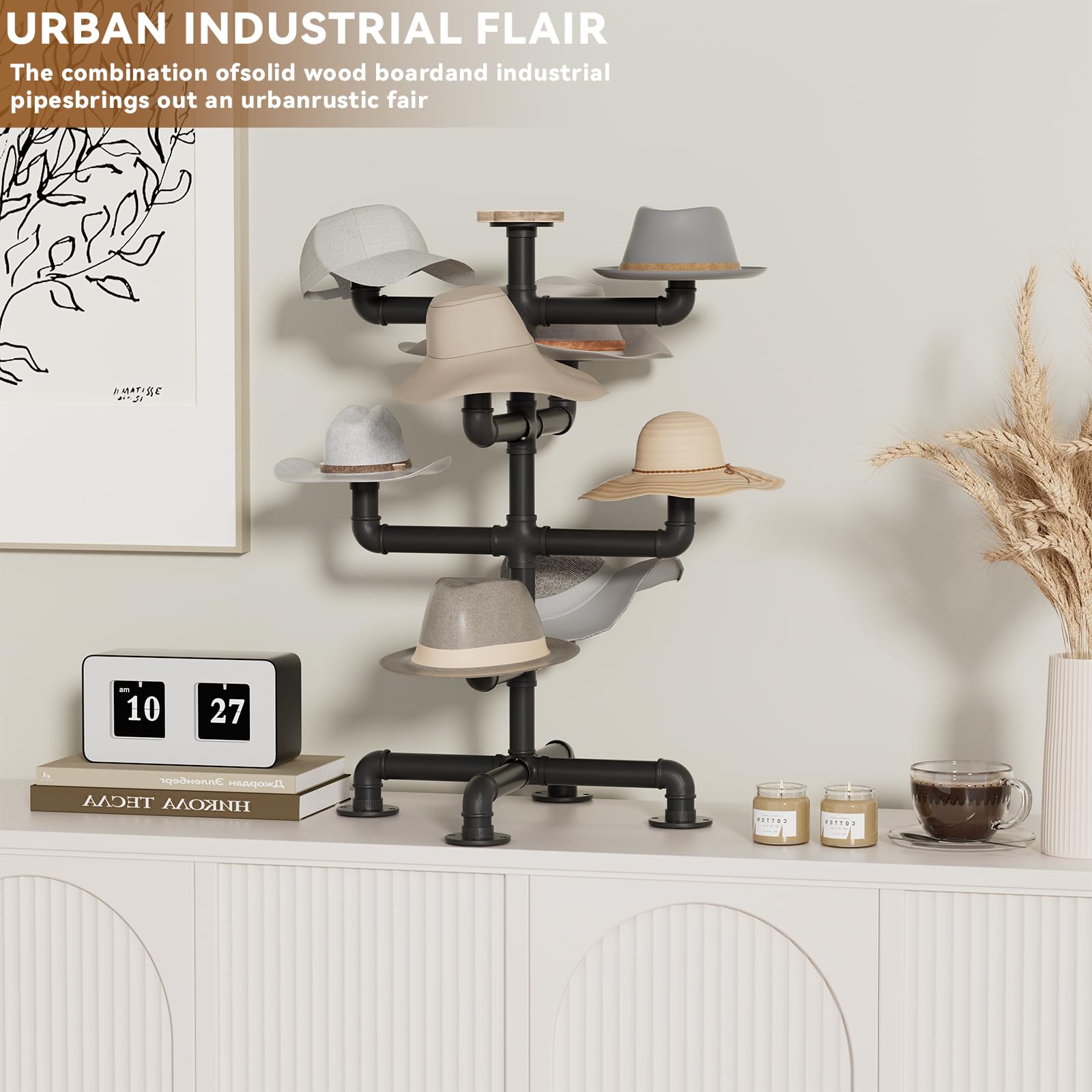 bimiti Soporte industrial de 4 niveles para sombreros de metal con 8 soportes de madera maciza quemada rústica para sombreros, gorras, perchas, soporte de pie, organizador de gorras de mesa para