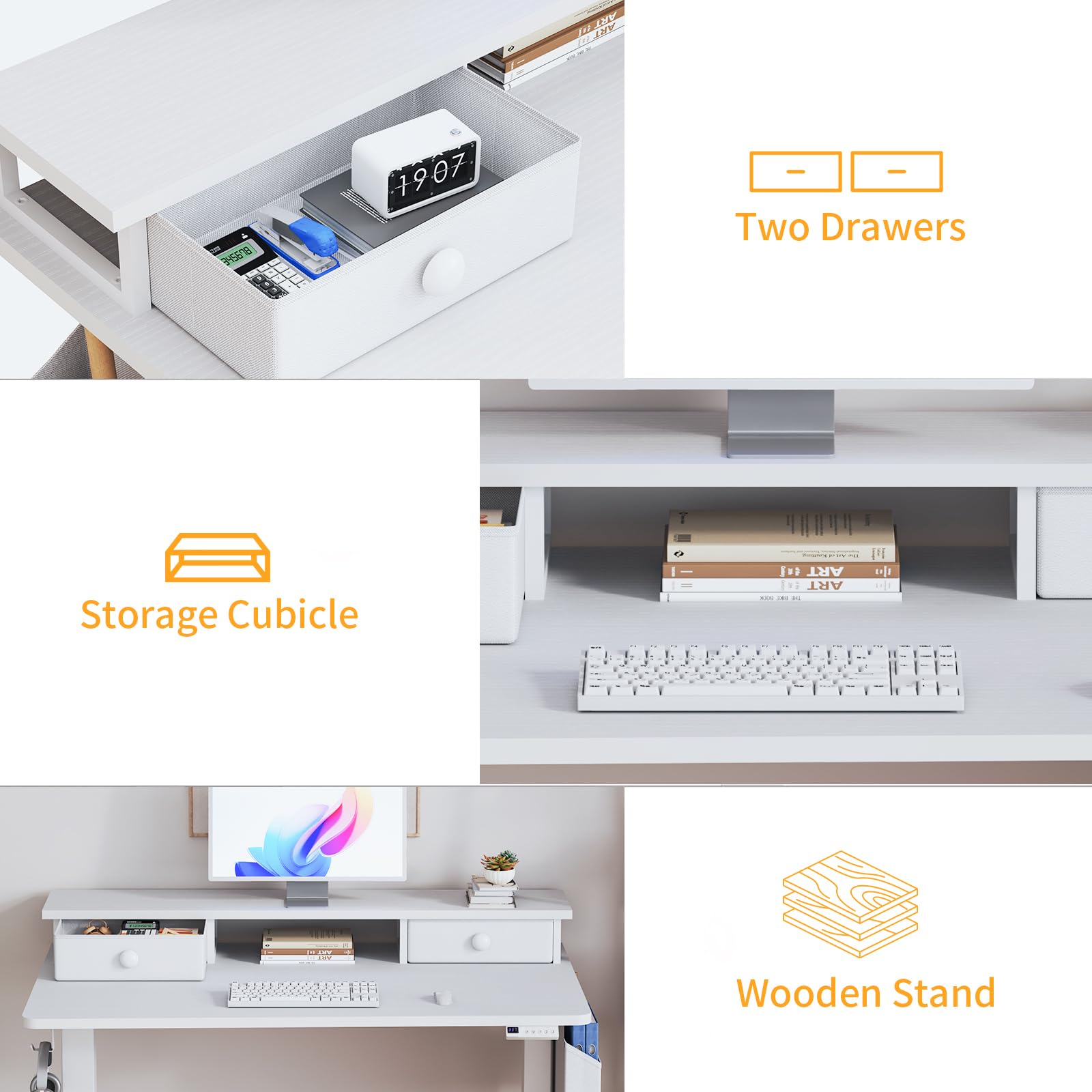 White Electric Standing Desk with Drawers - 40 Inch Small Standing Desk with Shelf Monitor Stand Storage Height — view 7