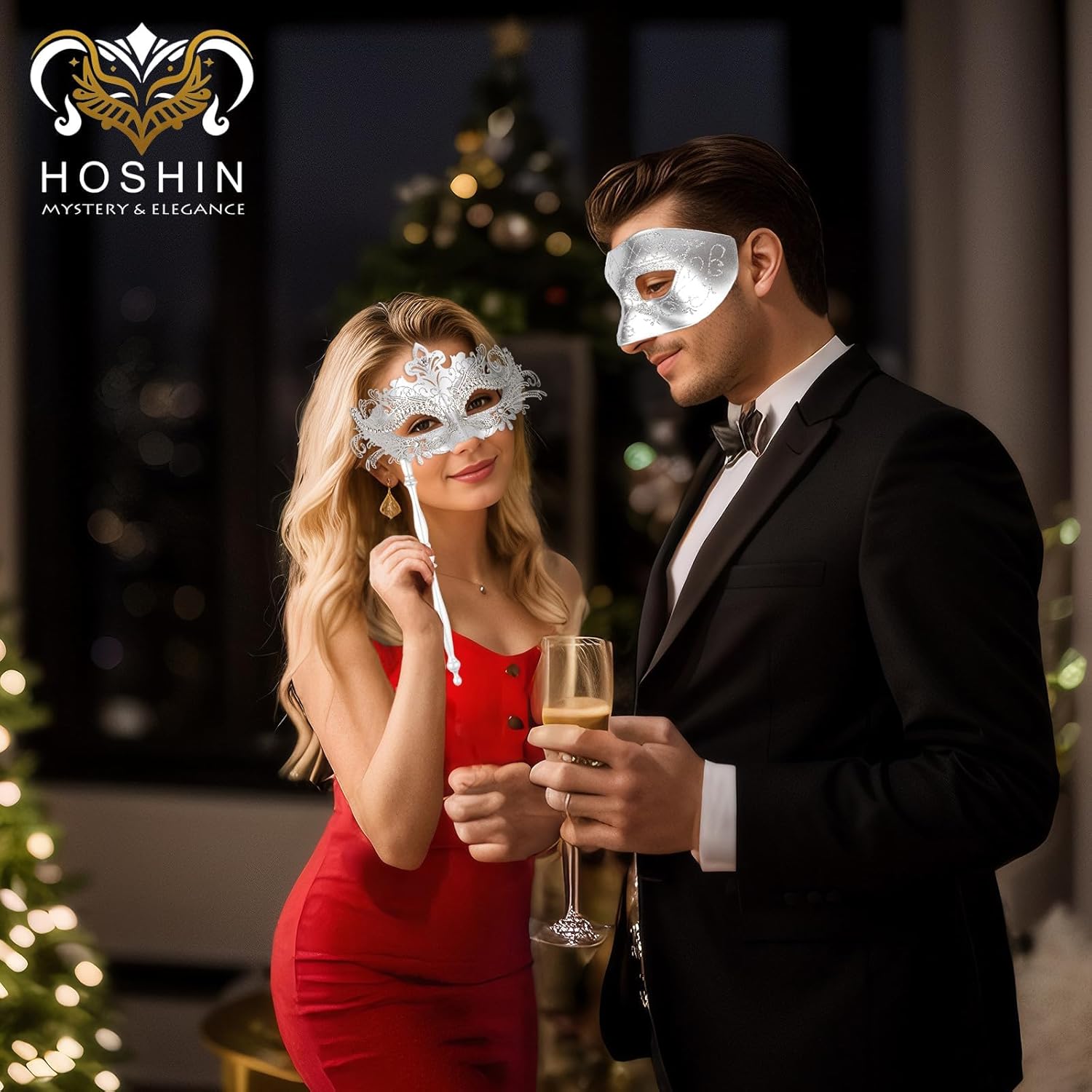 Hoshin Masquerade Mask for Couple, Mardi Gras Deecorations Venetian Masks with Stick for Womens - Image 6