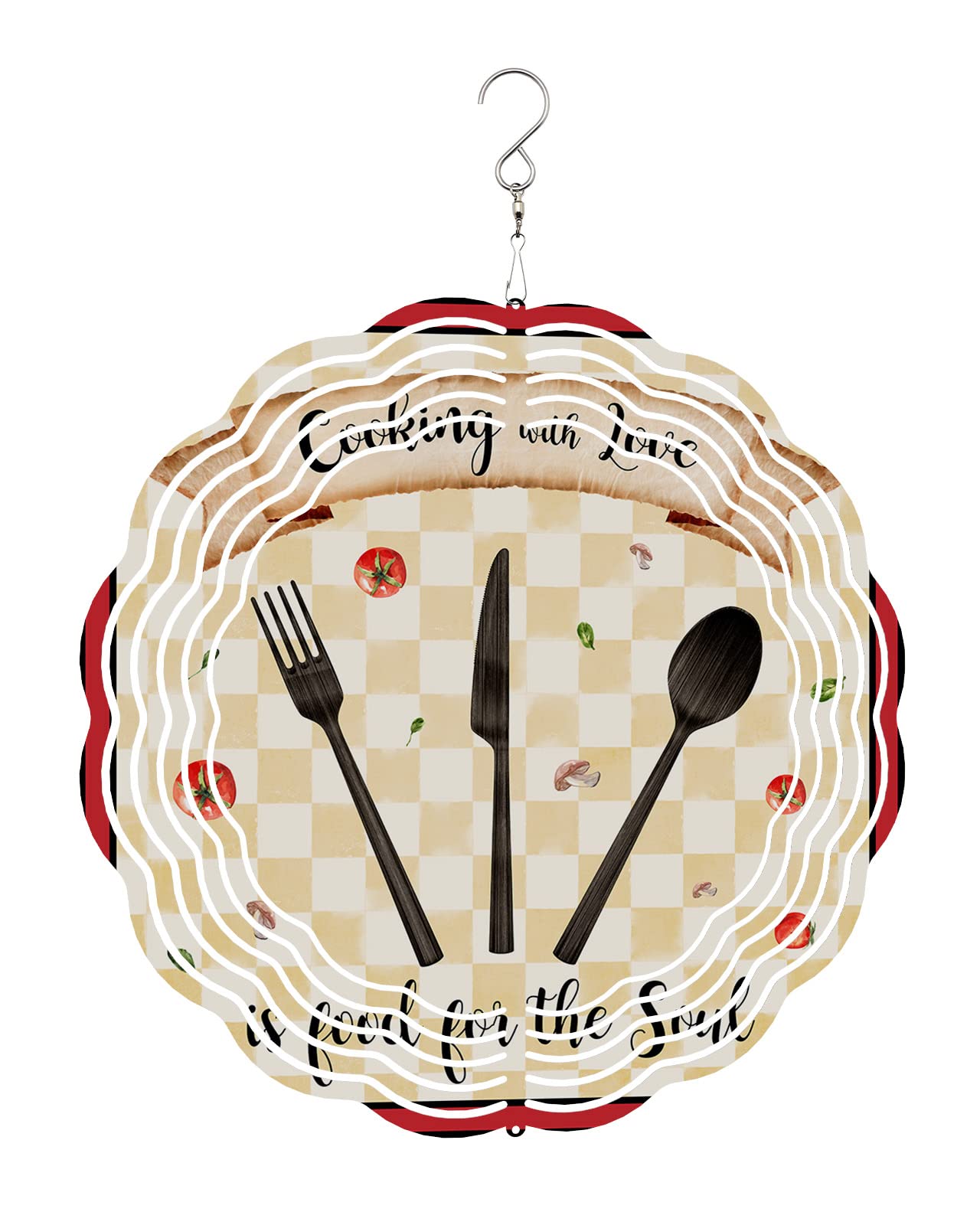 Wind Spinner Tableware Rustic Outdoor Garden Wind Spinners Yellow White Buffalo Plaid 3D Metal Wind Sculptures Kinetic Chimes for Yard Porch Patio Outdoor & Indoor Decor Ornament Gifts 8 Inch