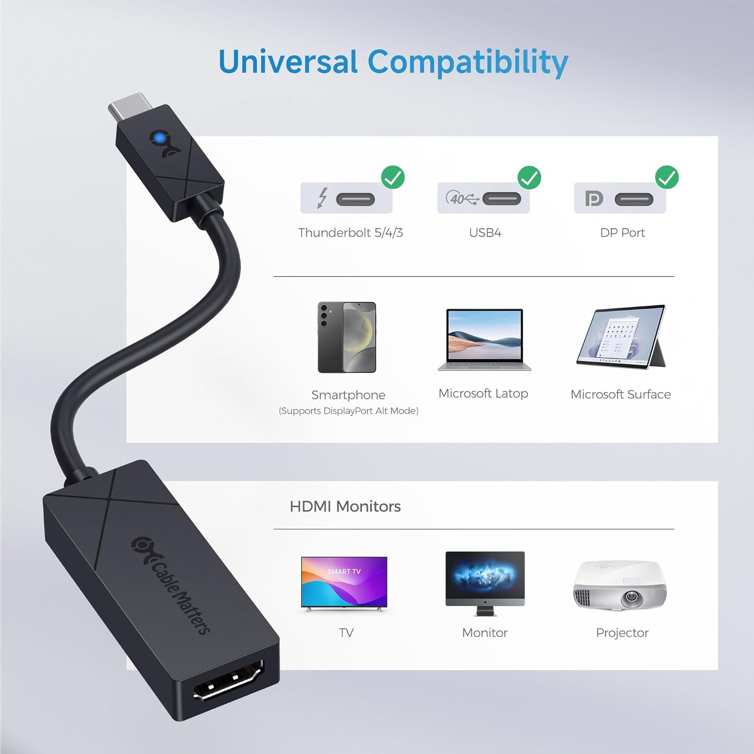 Cable Matters [Designed for Microsoft Surface] USB C to HDMI 2.1 Adapter, Supports 4K@240hz, 8K@60hz, HDR, Compatible with Surface Pro/Laptop/Book with USBC or Thunderbolt 4