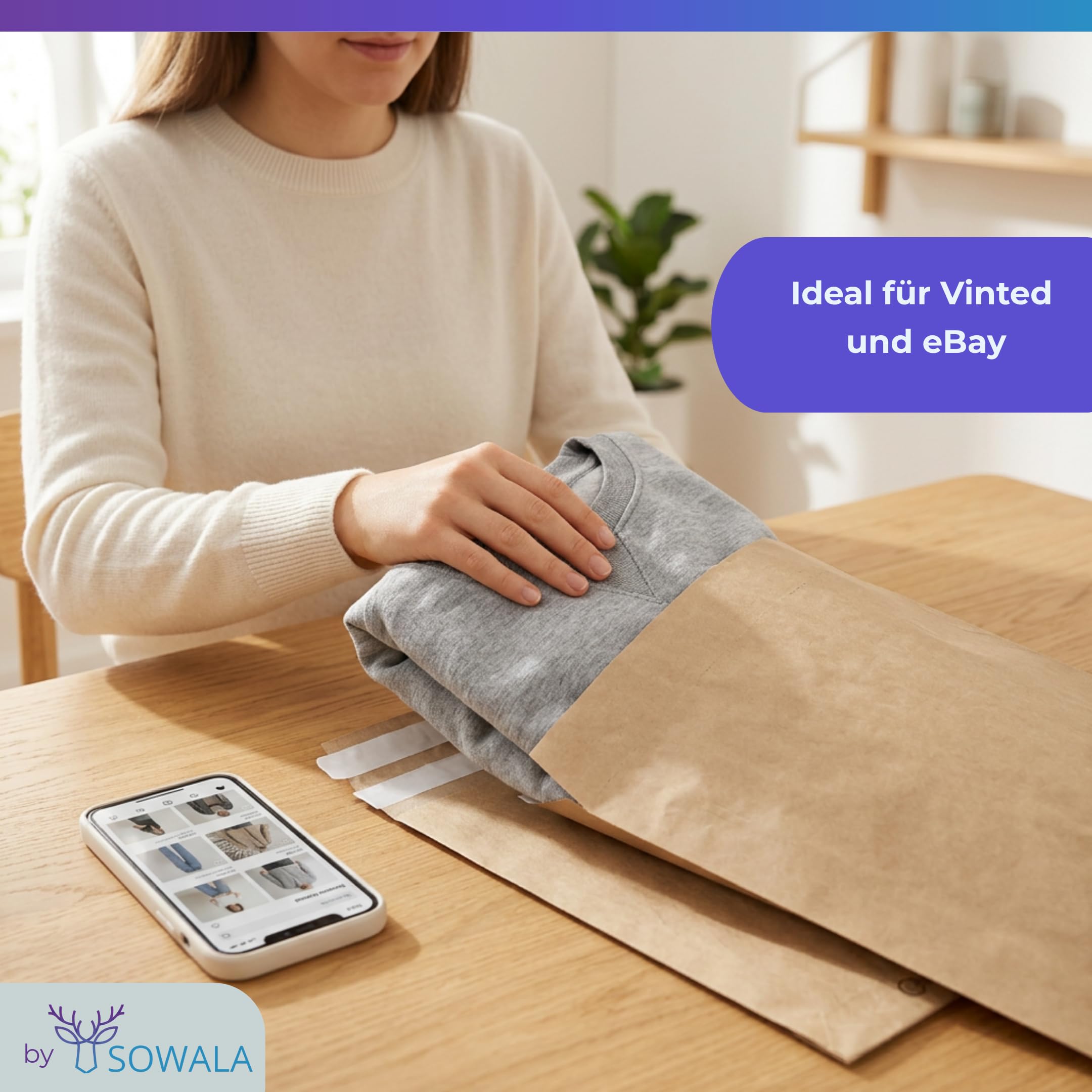 Papier-Versandtaschen Vinted 350x250x80mm Versandtüten - 200 Stück, sowala | Spitzer Boden mit 8 cm Seitenfalte – viel Platz für Pullover & Co., Doppelfixverschluss für Hin- & Rückversand, plastikfrei