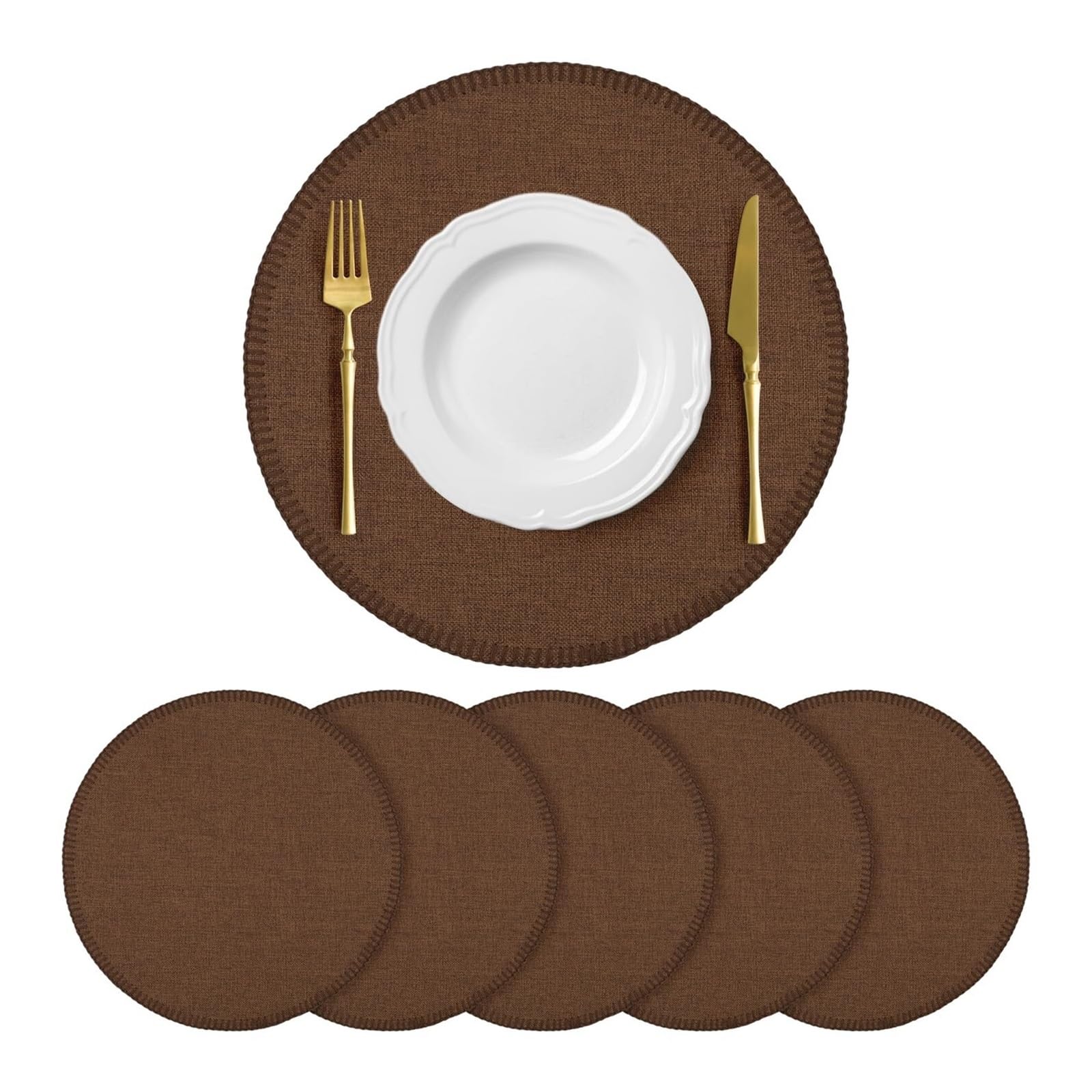 Zeahkri Coffee Solid Color Placemats 4Pcs 15 Inch Round Linen Heat Resistant Placemat