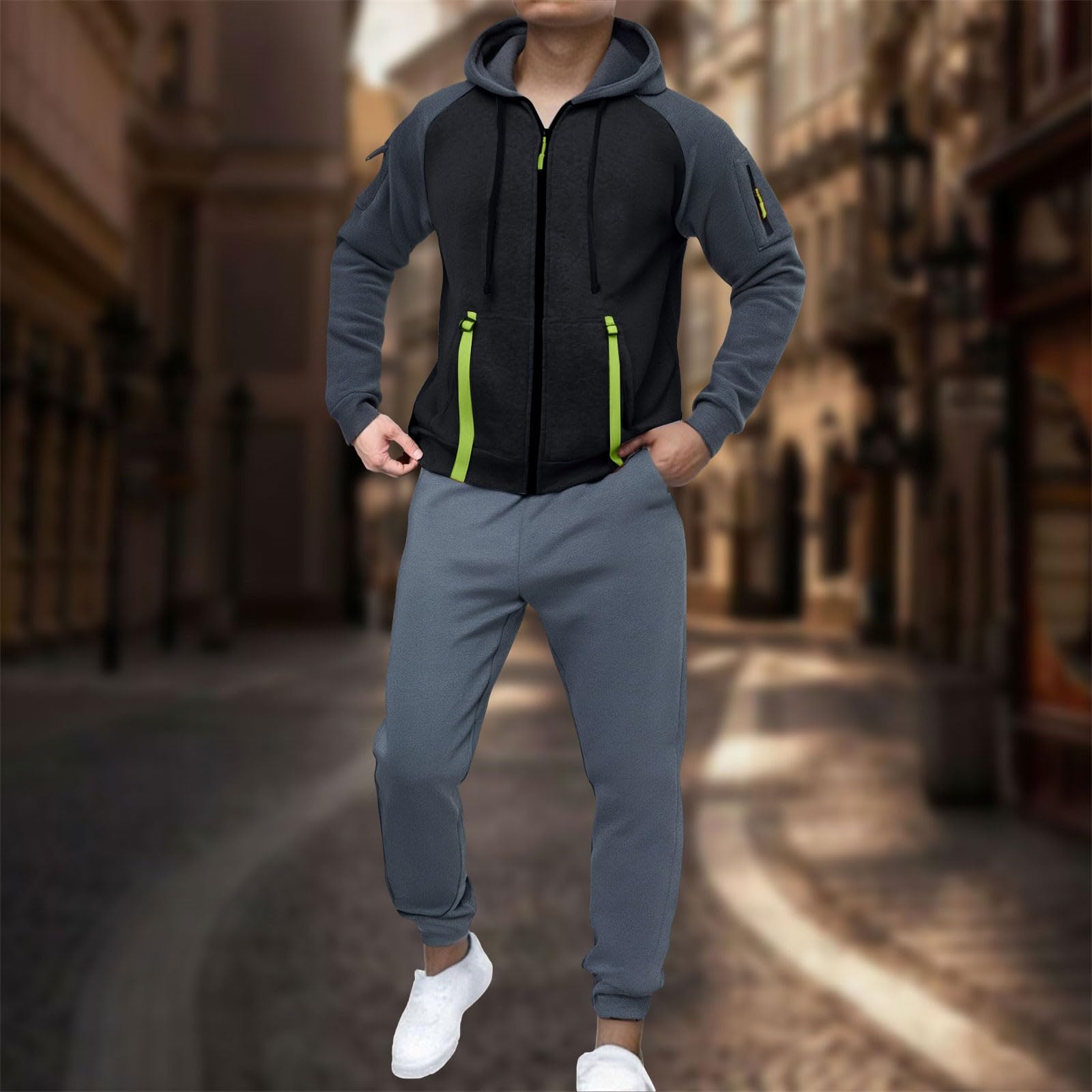 Tuta sportiva da uomo, tuta sportiva da jogging, con chiusura lampo, con cappuccio e pantaloni morbidi