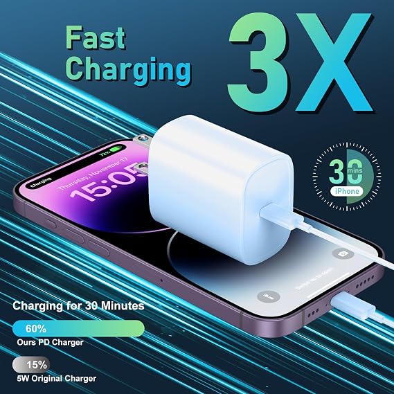 DiHines for iPhone 14 13 12 11 Fast Charger,10FT Long Fast Charging Lightning Cable with 20W USB C Charger Block for iPhone 14/14 Pro Max/13/13 Pro Max/12/12 Pro Max/11/11Pro/XS/Max/XR/X,iPad,Blue