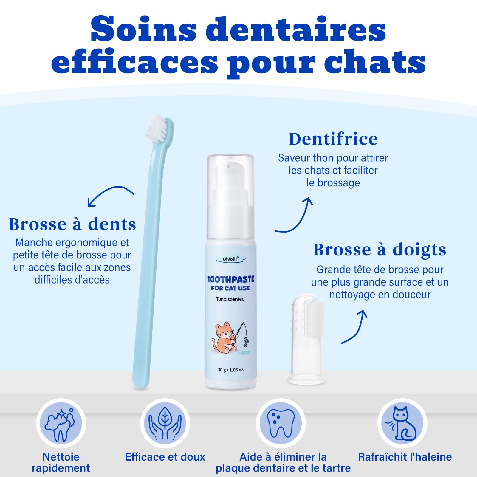 Dentifrice Chat, Goût de Thon, Inclus Brosse à Doigts et Brosse à Dents à Poils Souples, Formule douce pour haleine fraîche et soins dentaires, 30g