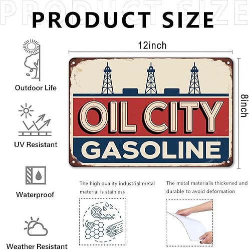Miniatura 4 de Cartel de metal de Oil City Gasoline Retro Gas Station para jardín, patio, bar, porche, garaje, hogar, dormitorio, cocina, regalo, 8 x 12, fácil de