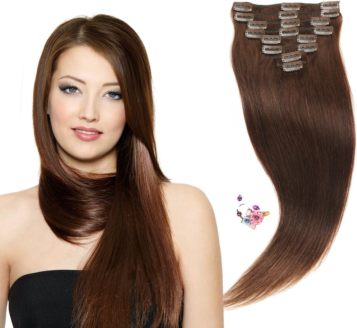 10" Remy Hair Extensions Clip in Human Hair with 18clips 8pcs Soft Smooth Straight feeling for Lady (75g by gross, Medium Brown #4)
