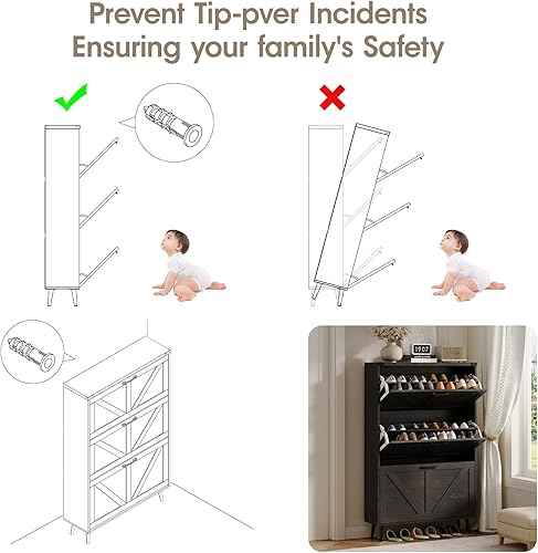 Miniatura 49 de Zapatero con 2 cajones abatibles y almacenamiento abierto, armario de almacenamiento de zapatos de granja para entrada, estante organizador estrecho