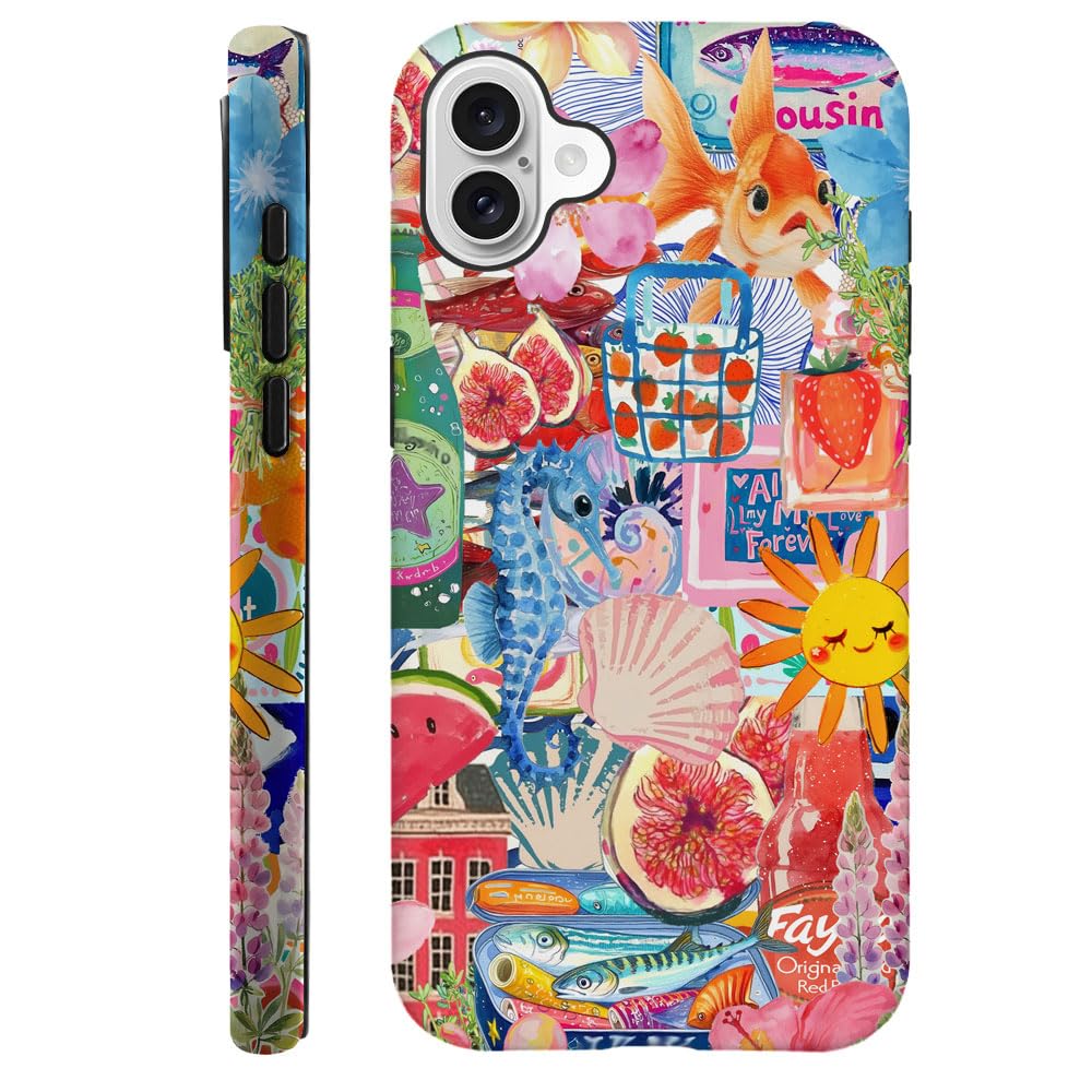 DAIZAG Case Compatible with iPhone 16 Plus,Durable Shock Protection Cover for Girl Women,Fruit Flower Fish Collage